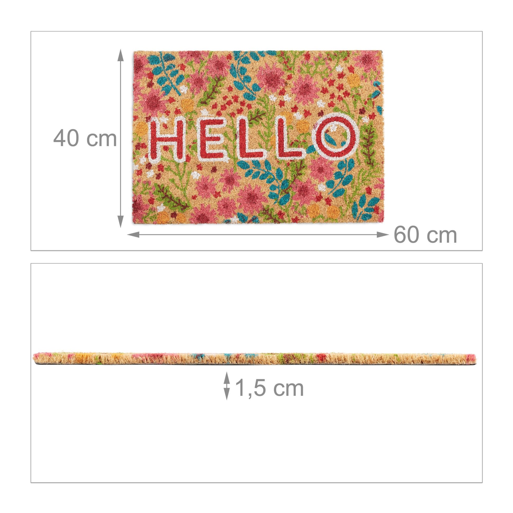 Fussmatte Kokos Hello Blumen Beige-Blau-Rot von Relaxdays
