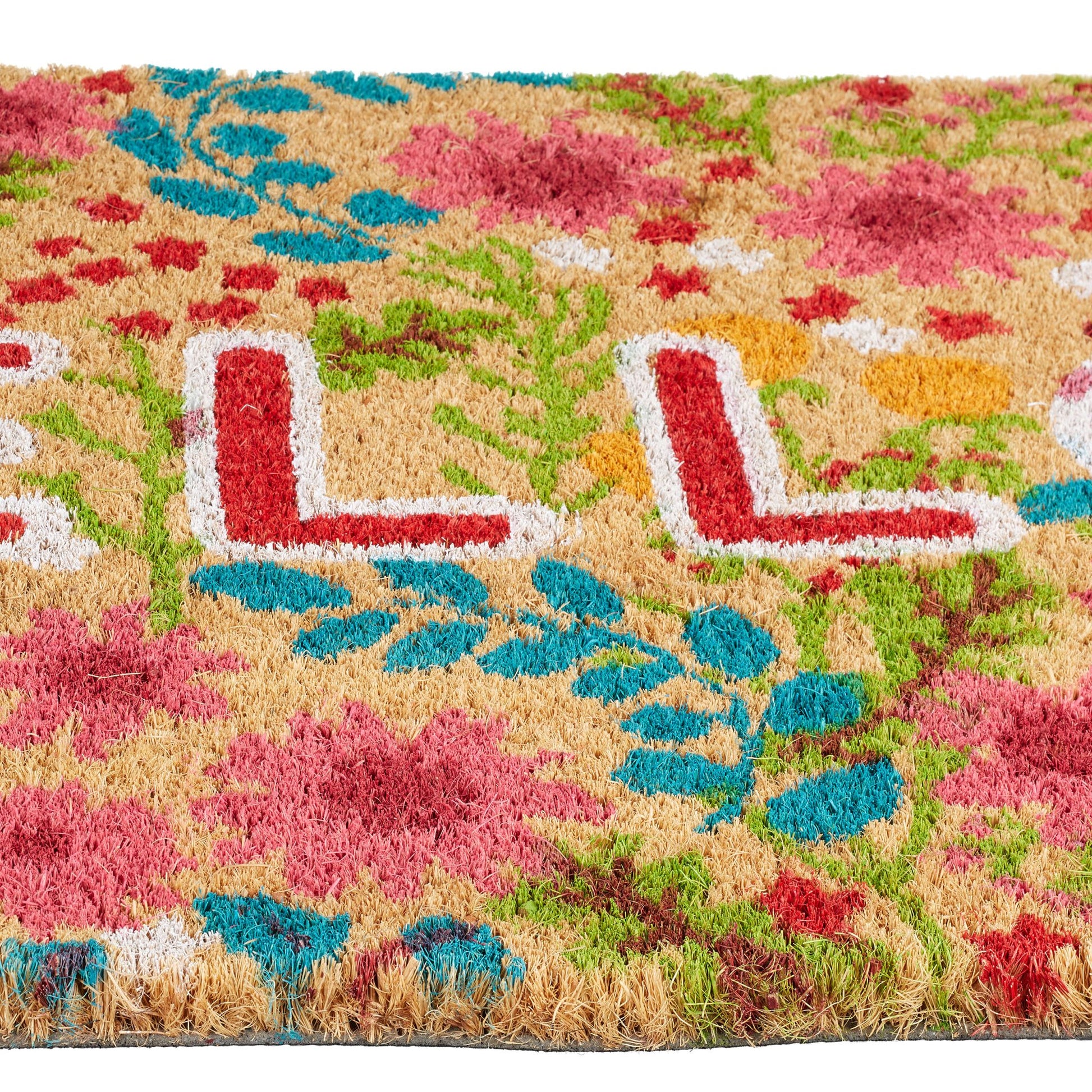 Fussmatte Kokos Hello Blumen Beige-Blau-Rot von Relaxdays