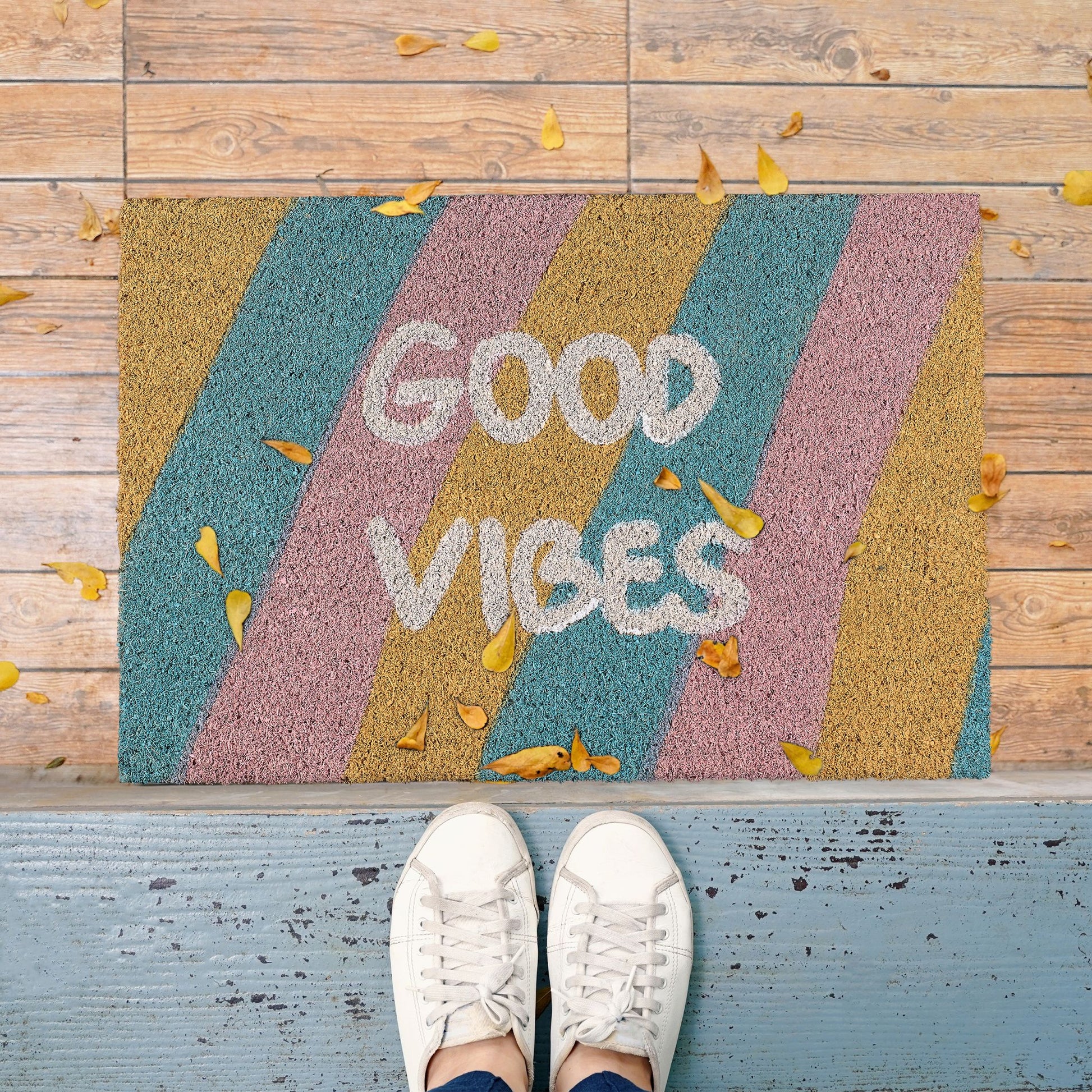 Fussmatte Kokos Good Vibes Blau-Gelb-Rosa von Relaxdays