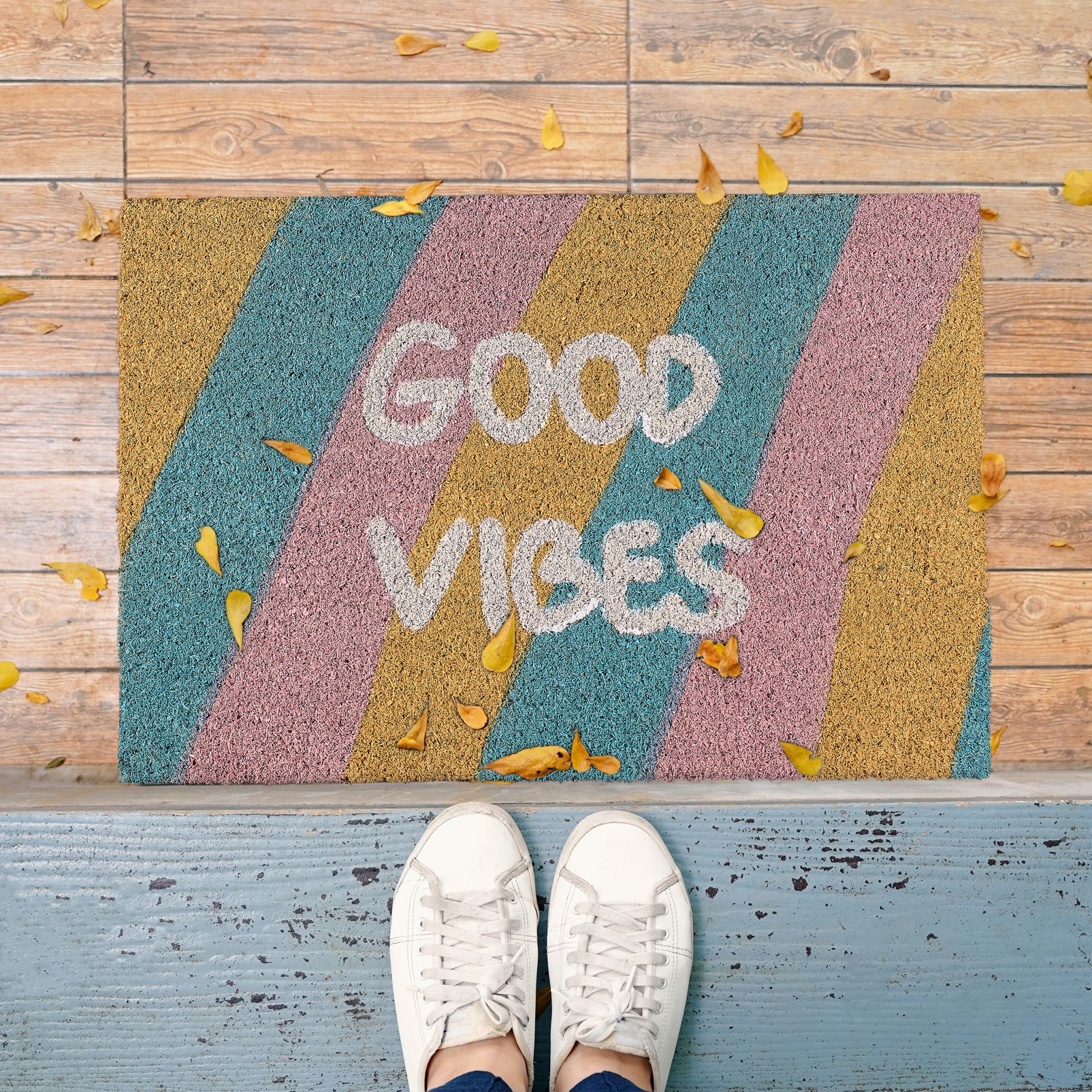 Fussmatte Kokos Good Vibes Blau-Gelb-Rosa von Relaxdays