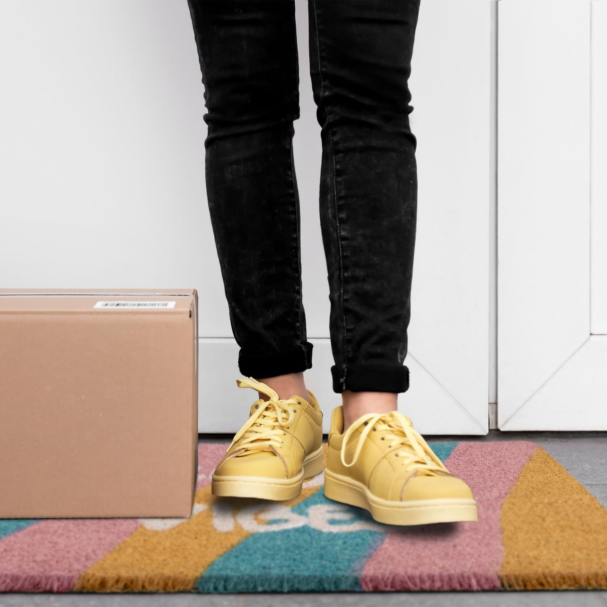 Fussmatte Kokos Good Vibes Blau-Gelb-Rosa von Relaxdays