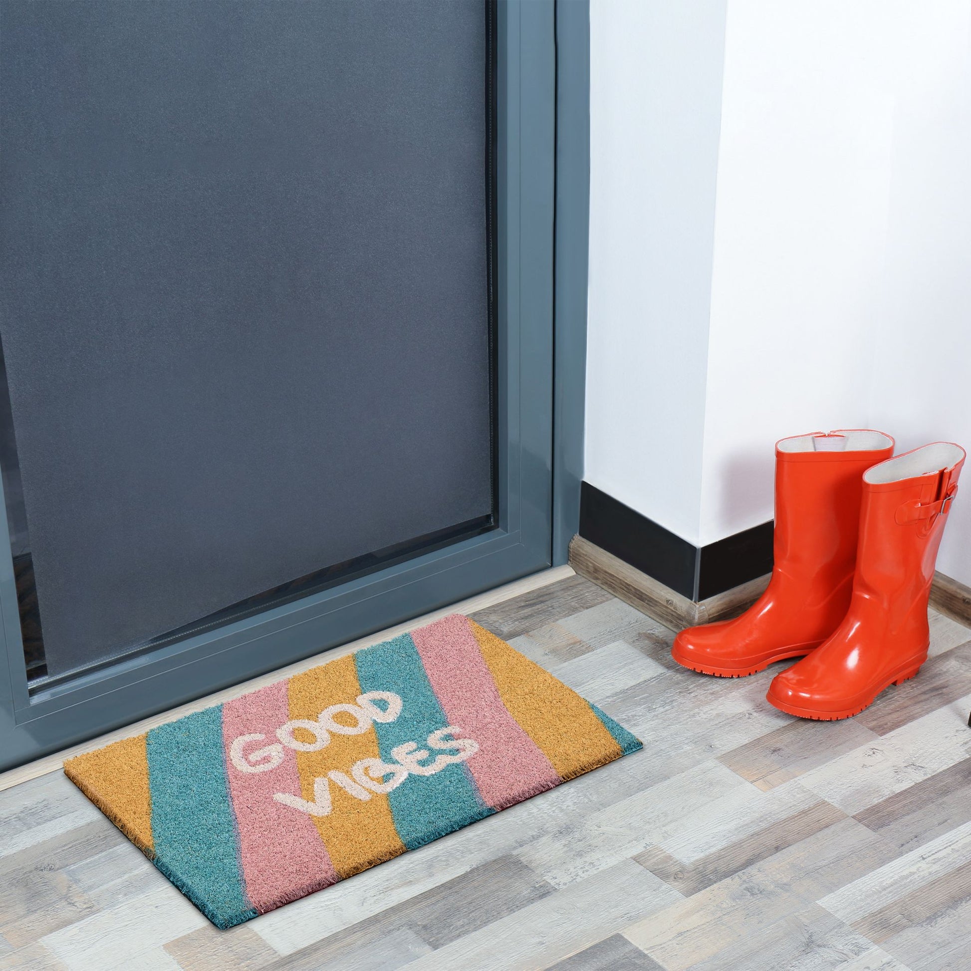 Fussmatte Kokos Good Vibes Blau-Gelb-Rosa von Relaxdays