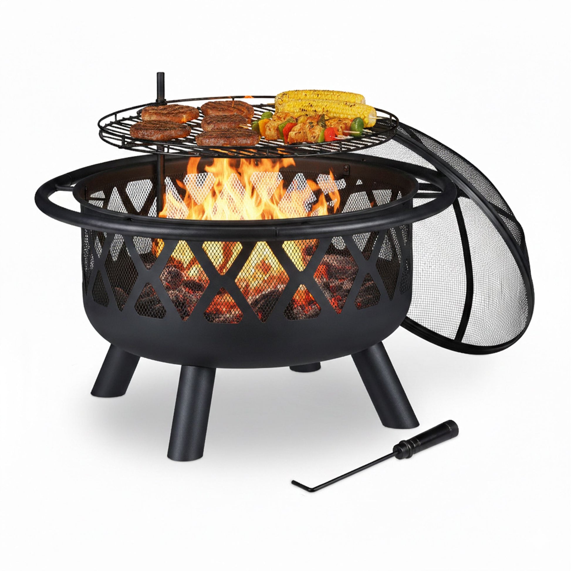 Feuerschale mit Grillrost & Funkenschutz Schwarz von Relaxdays