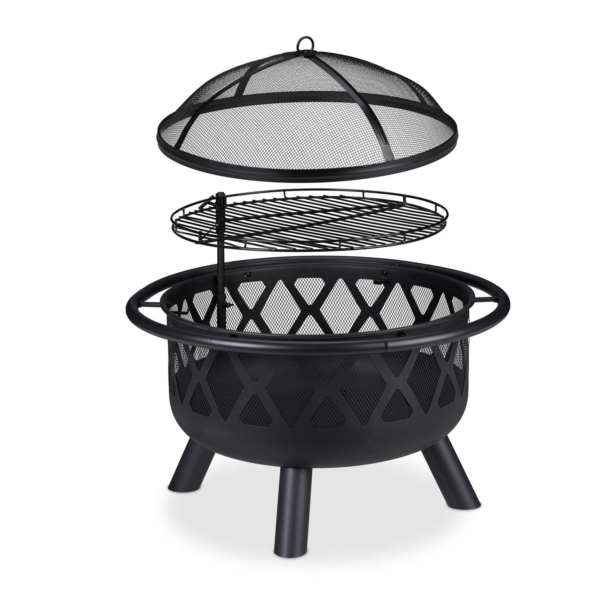 Feuerschale mit Grillrost & Funkenschutz Schwarz von Relaxdays