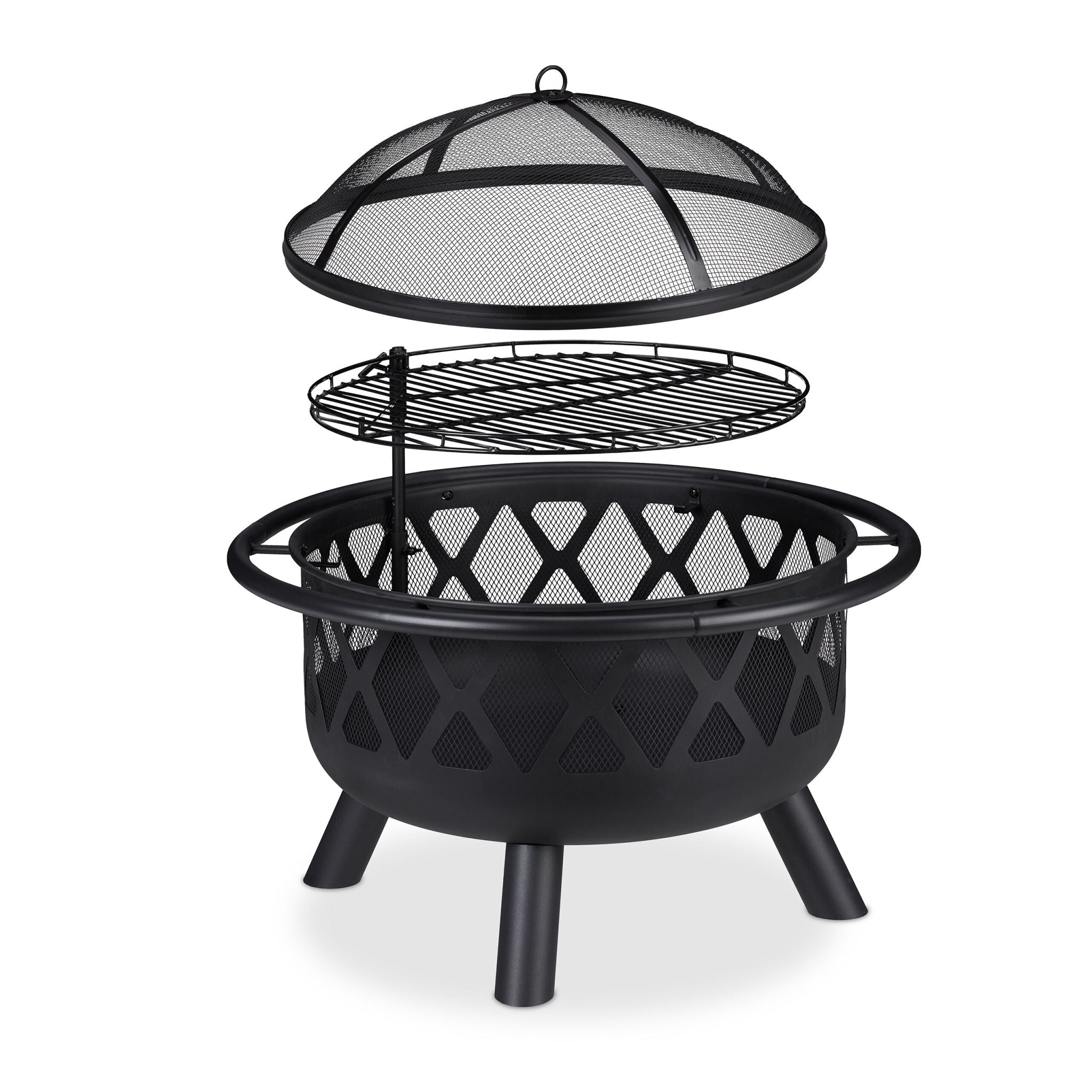 Feuerschale mit Grillrost & Funkenschutz Schwarz von Relaxdays