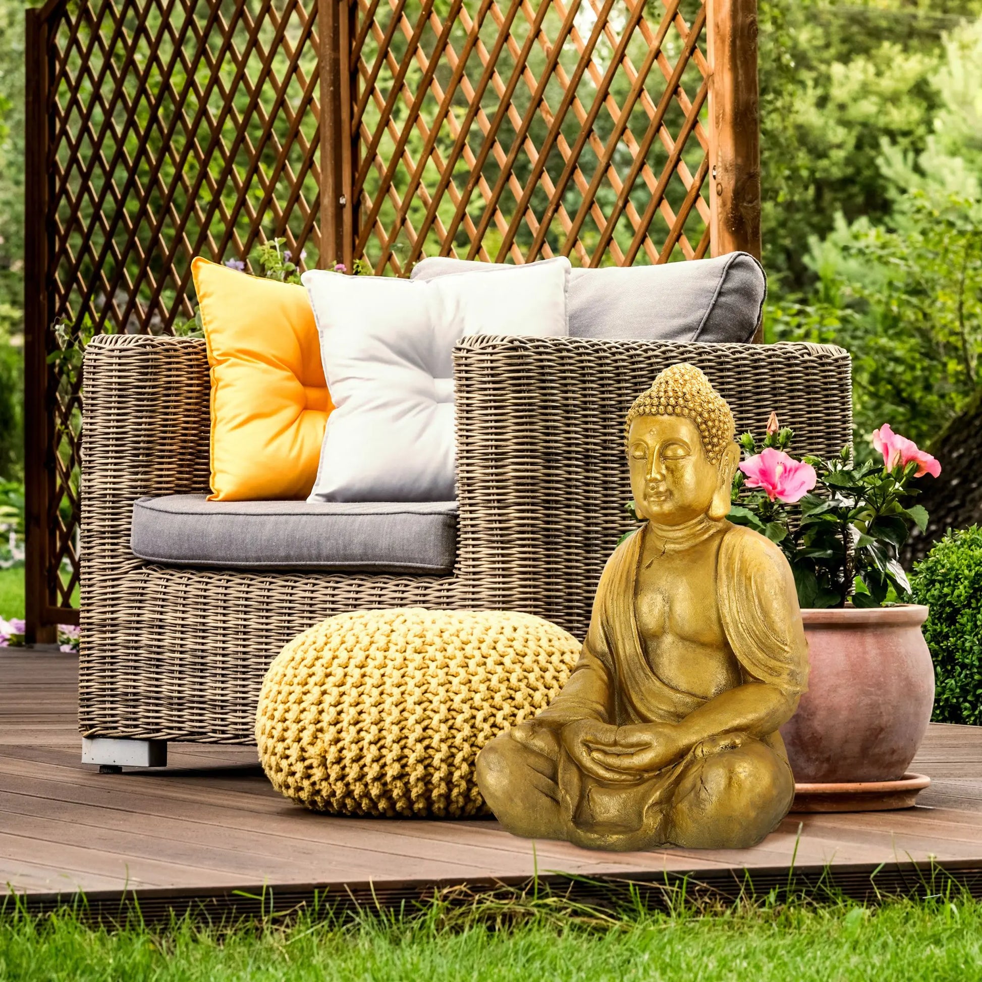 Grosse Buddha Figur Garten 70cm Gold von Relaxdays
