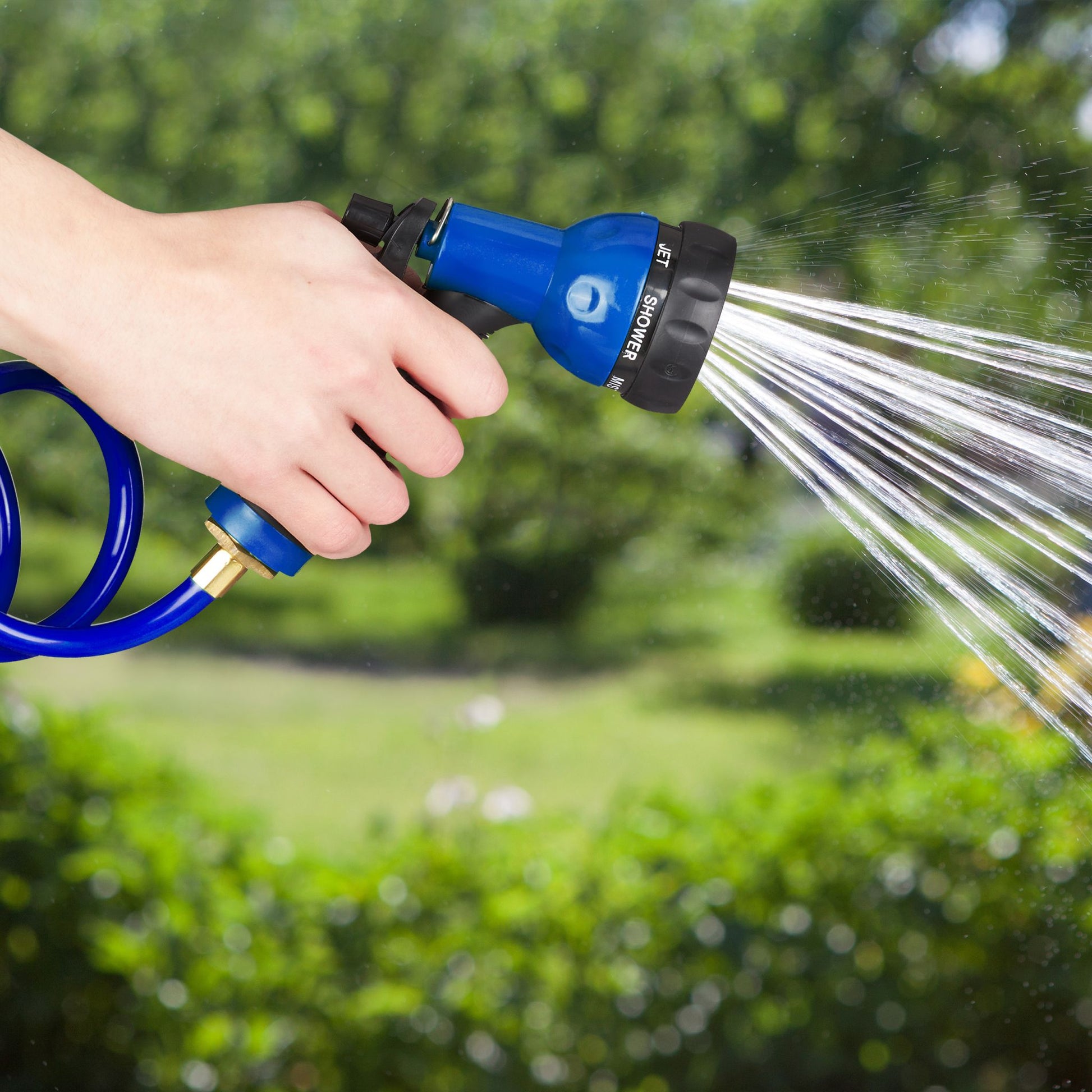 Wasser Spiralschlauch mit Brause 10 m Blau-Schwarz von Relaxdays