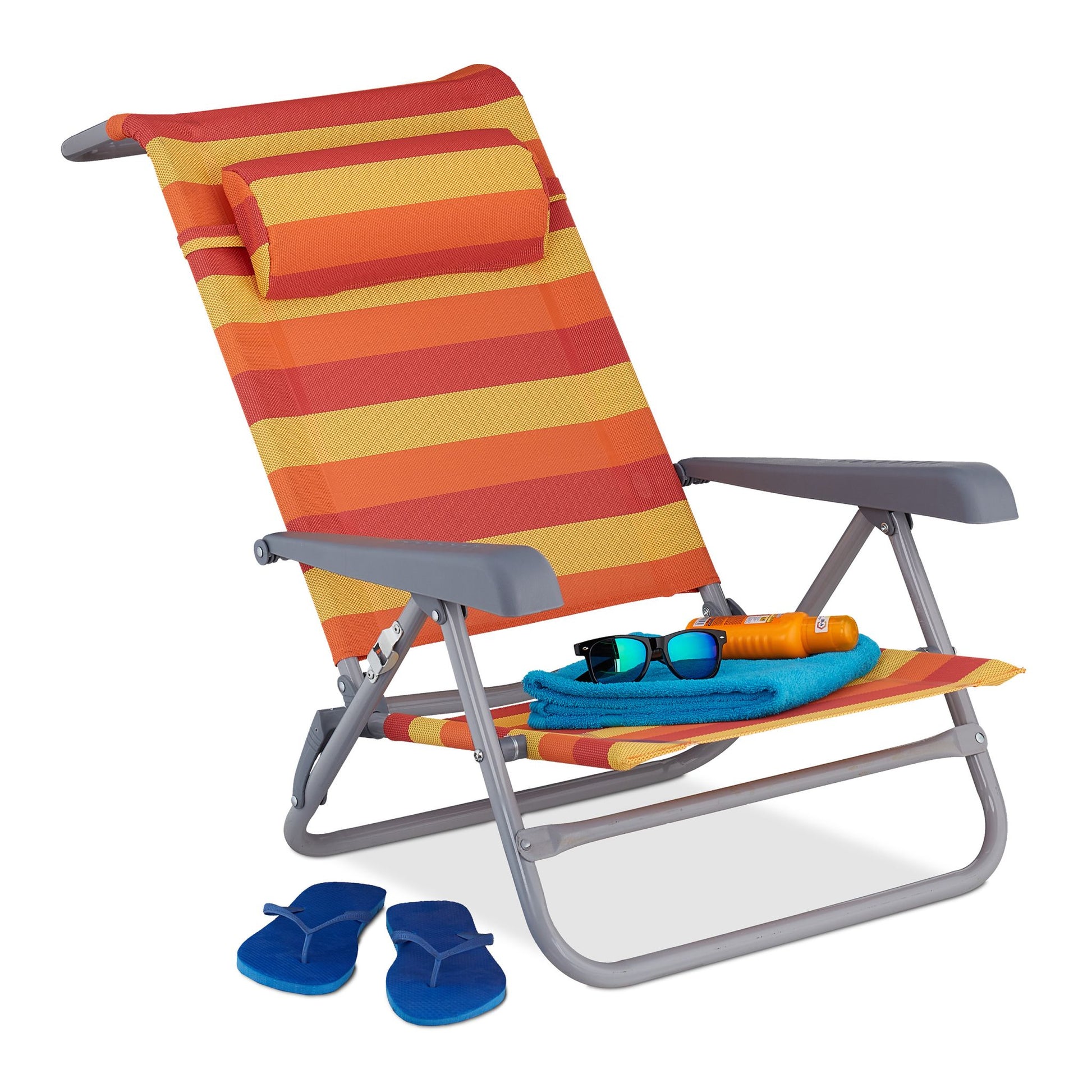 Klappbarer Liegestuhl mit Nackenkissen Gelb-Orange-Rot von Relaxdays