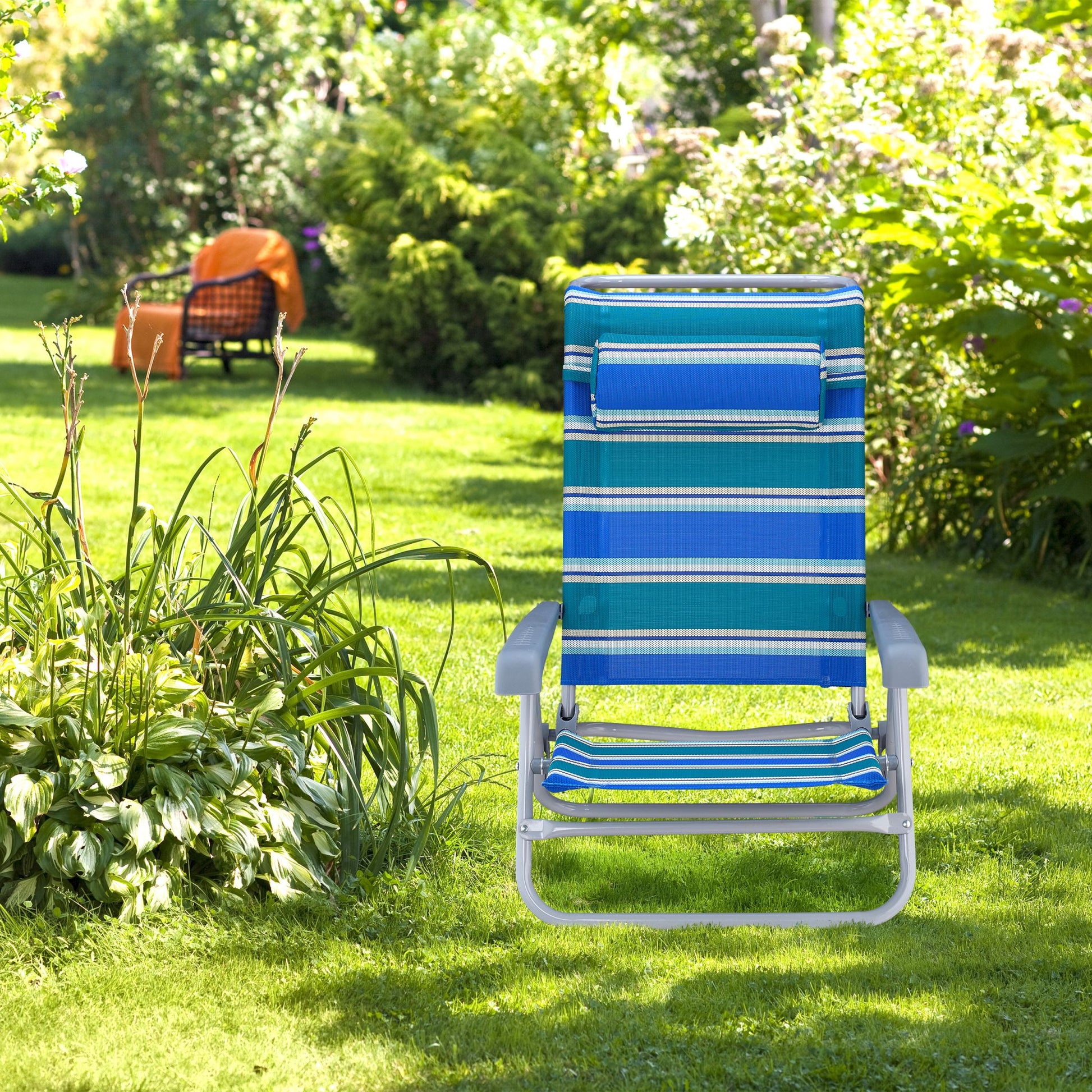 Klappbarer Liegestuhl mit Nackenkissen Weiss-Blau-Grün von Relaxdays