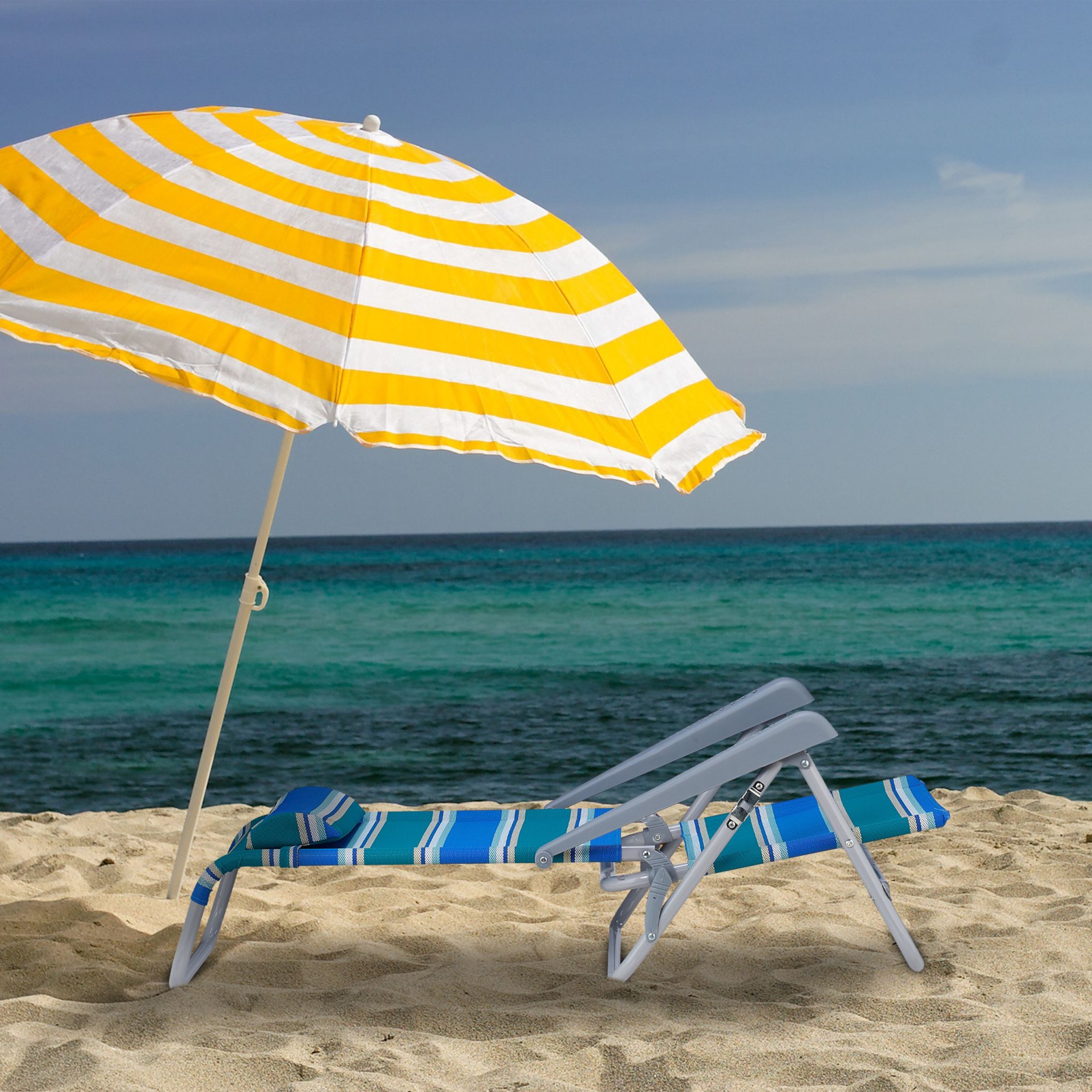 Klappbarer Liegestuhl mit Nackenkissen Weiss-Blau-Grün von Relaxdays