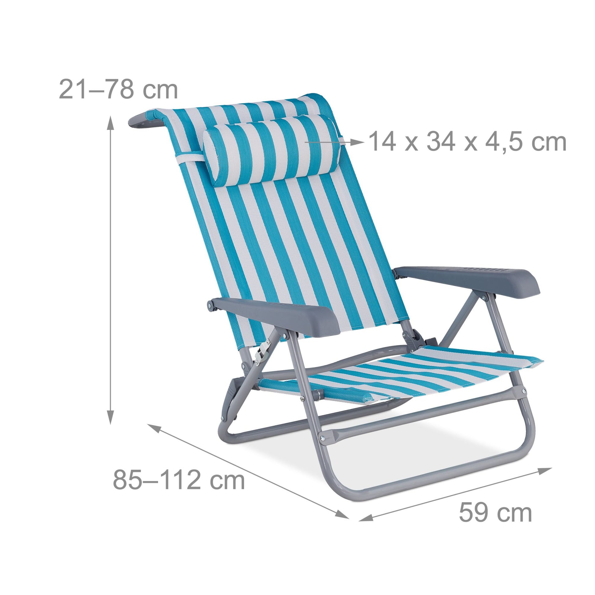 Klappbarer Liegestuhl mit Nackenkissen Weiss-Blau-Silber von Relaxdays