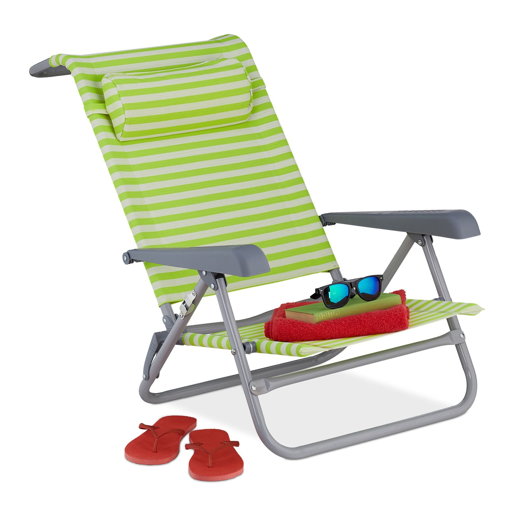 Klappbarer Liegestuhl mit Nackenkissen Weiss-Grün-Silber von Relaxdays