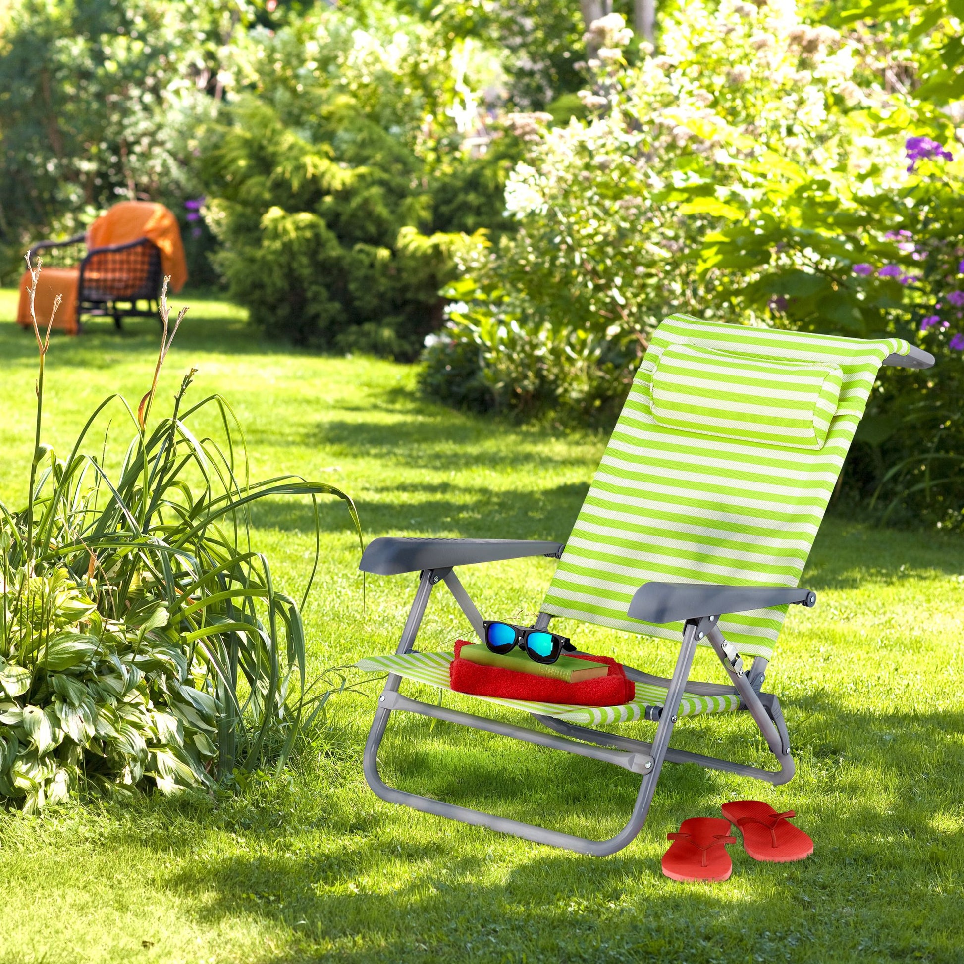 Klappbarer Liegestuhl mit Nackenkissen Weiss-Grün-Silber von Relaxdays