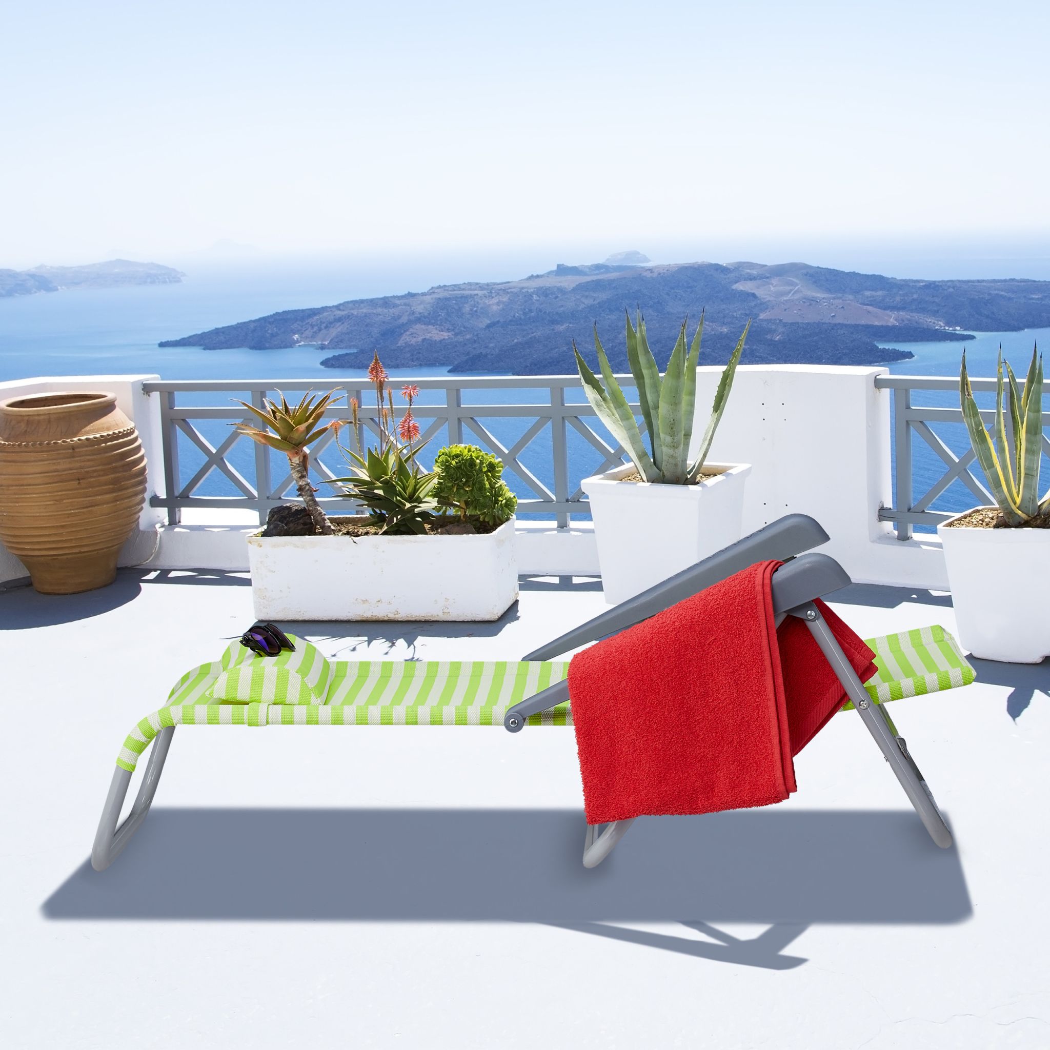 Klappbarer Liegestuhl mit Nackenkissen Weiss-Grün-Silber von Relaxdays