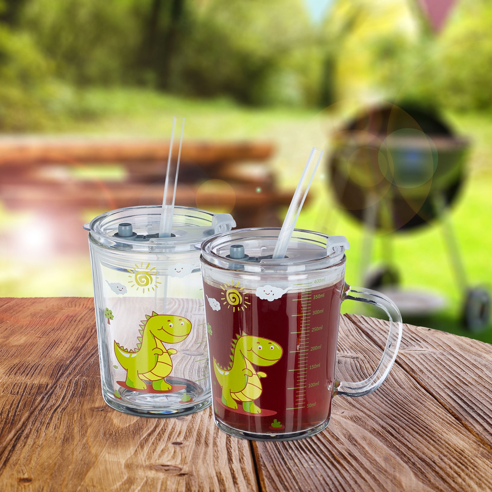 Trinkglas Kinder Dino 2er-Set Gelb-Grün-Transparent von Relaxdays