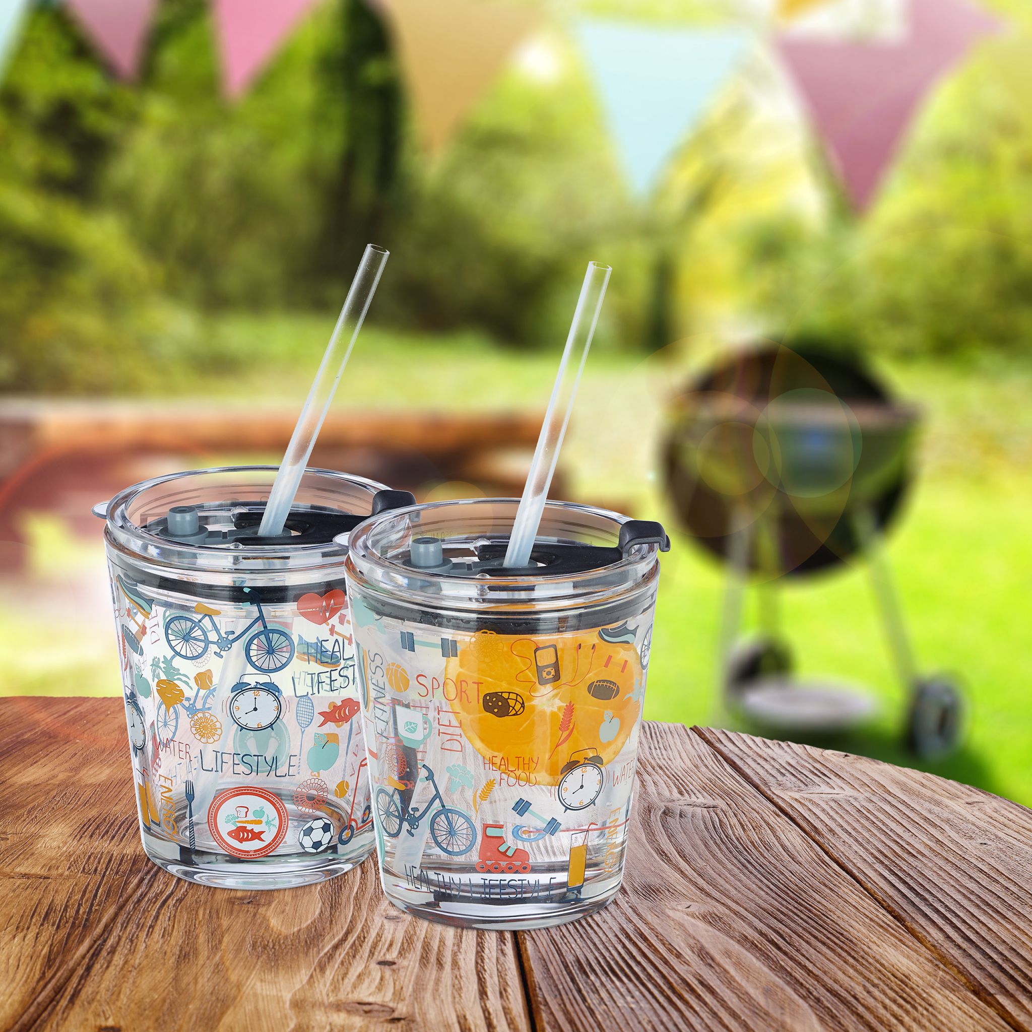 Glasbecher Sport-Motiv 4er-Set Blau-Rot-Transparent von Relaxdays