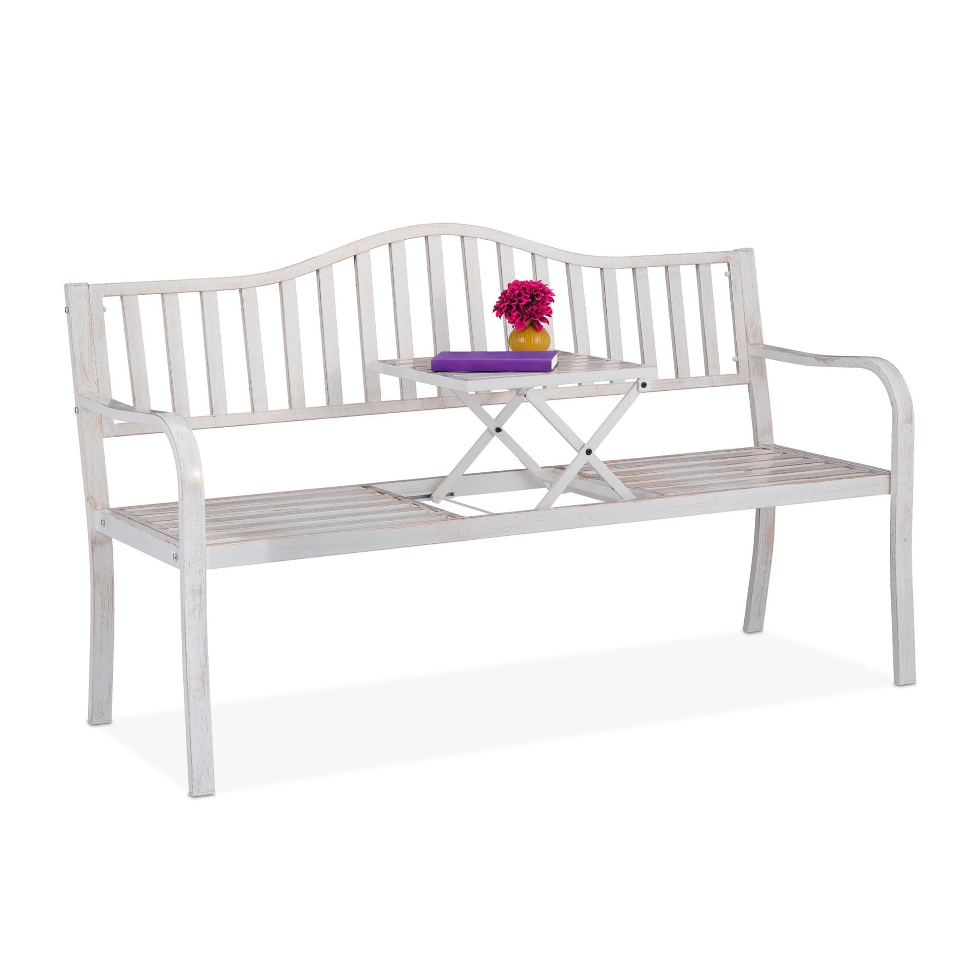 Gartenbank mit Klapptisch Weiss-Gold von Relaxdays
