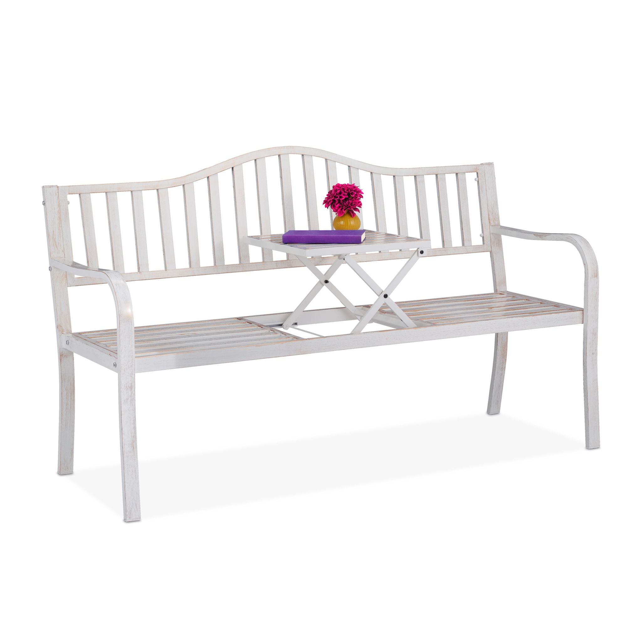Gartenbank mit Klapptisch Weiss-Gold von Relaxdays