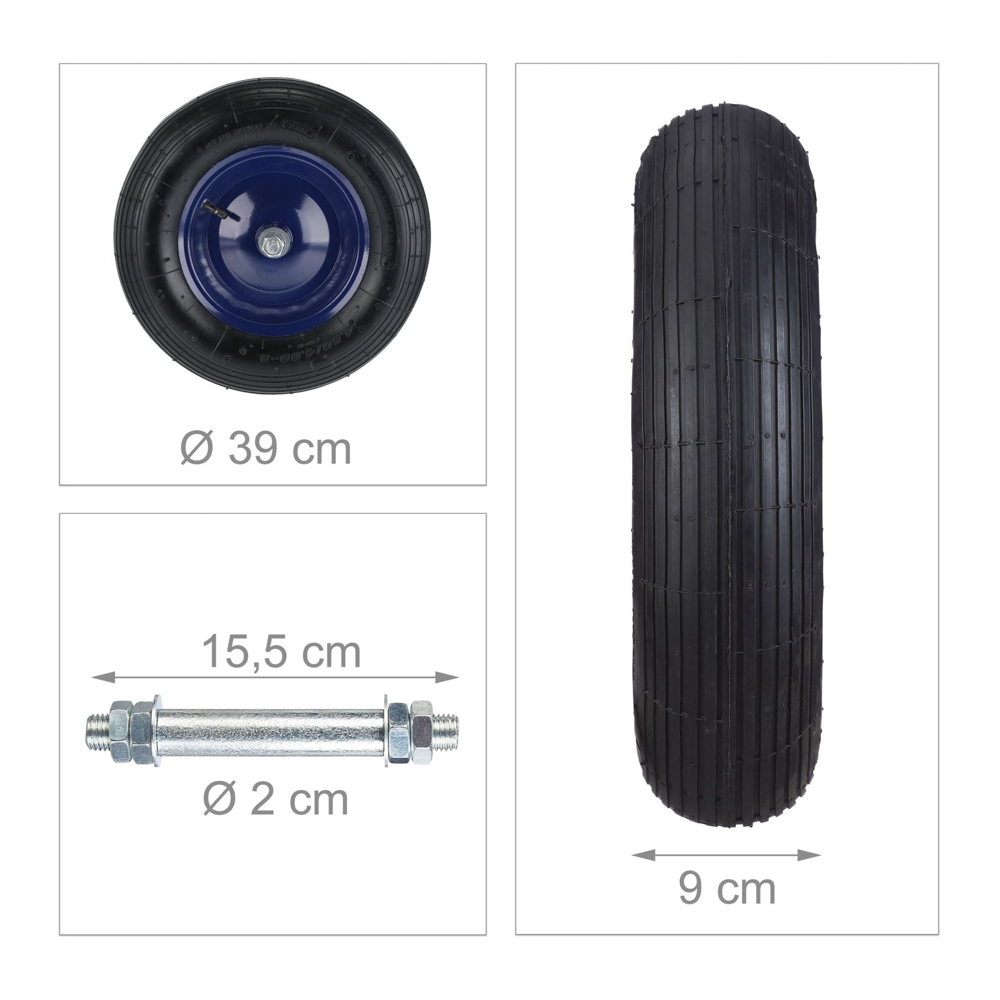 Schubkarrenrad Luft 4.80 4.00-8 + Achse Dunkelblau-Schwarz von Relaxdays