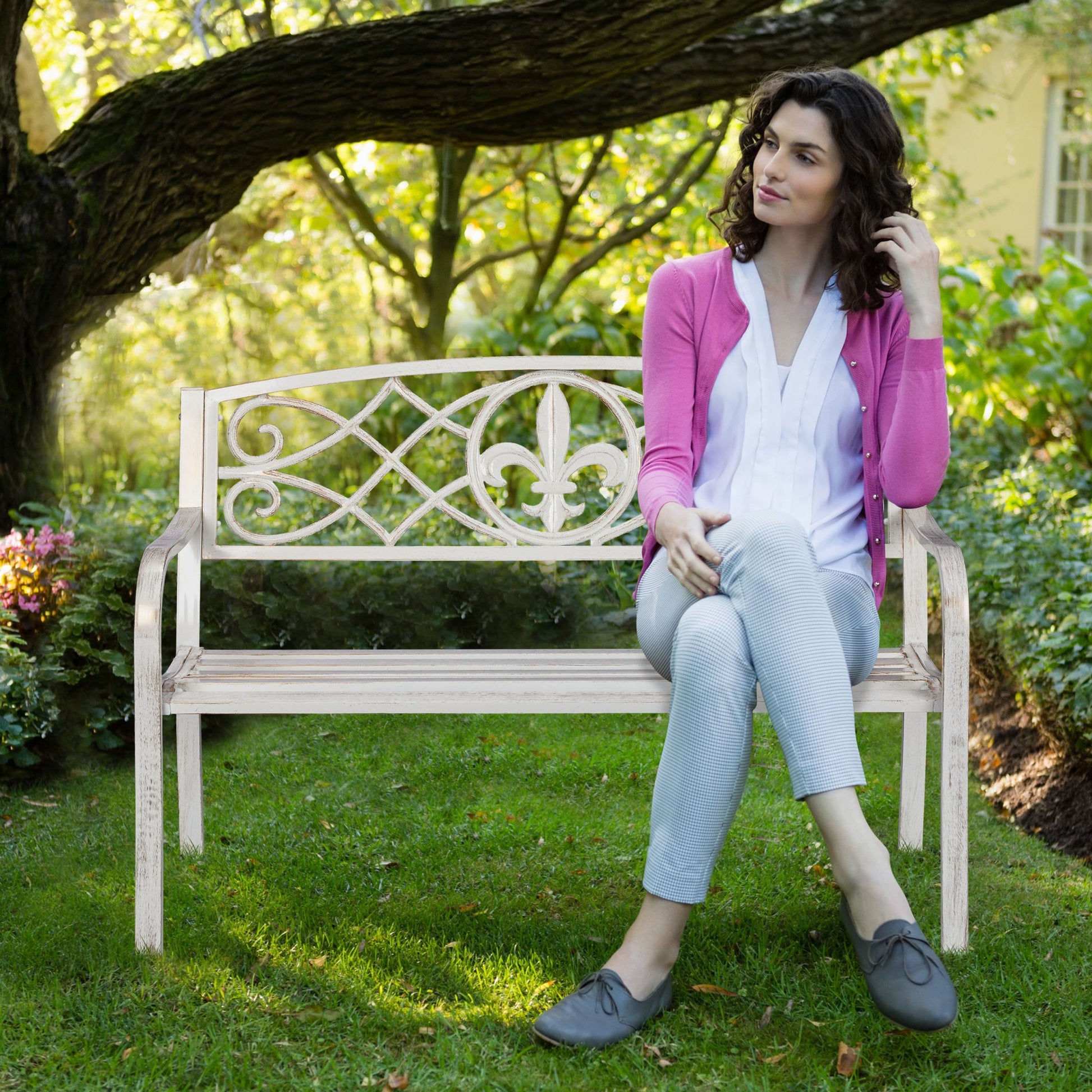 Gartenbank Metall Weiss-Braun von Relaxdays
