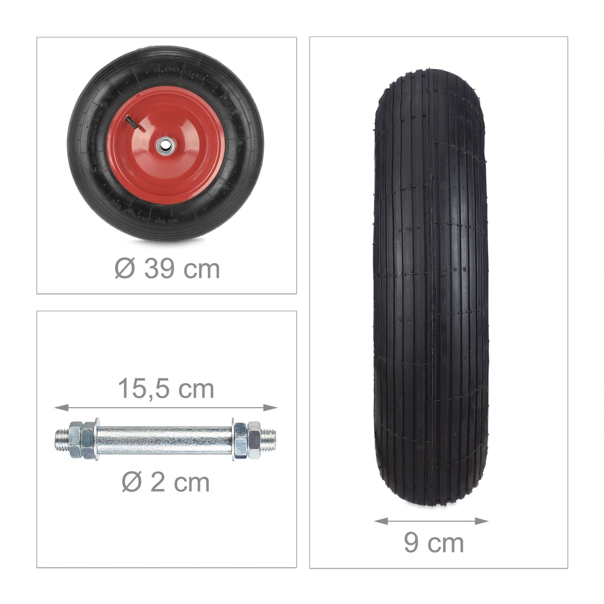 Schubkarrenrad Luft 4.80 4.00-8 + Achse Rot-Schwarz-Silber von Relaxdays