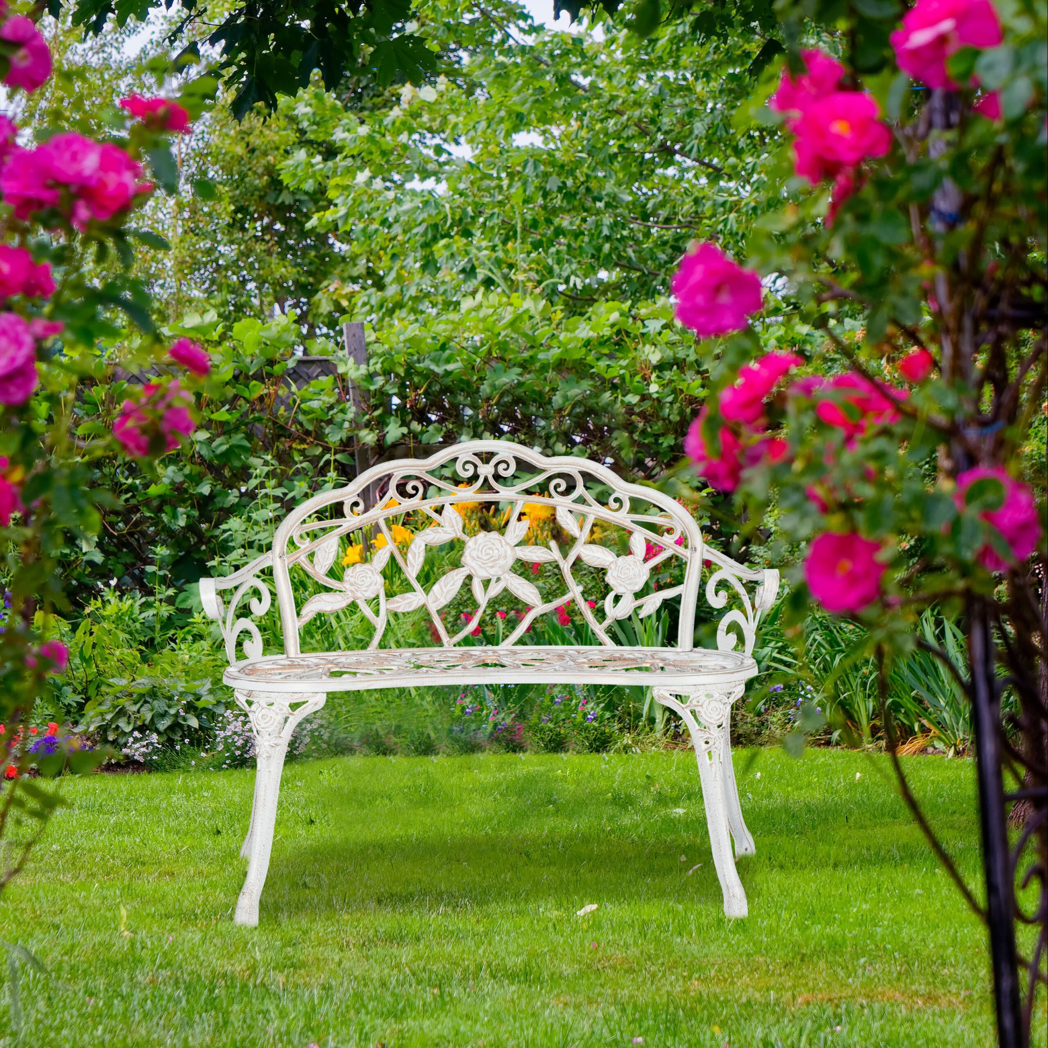 Rosen Gartenbank weiss-bronze Weiss-Kupfer-Schwarz von Relaxdays