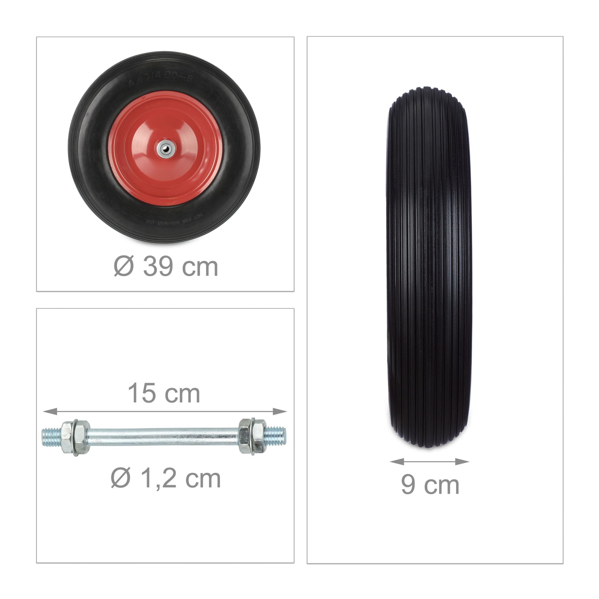 Schubkarrenrad mit Achse 4.80 4.00-8 Rot-Schwarz von Relaxdays