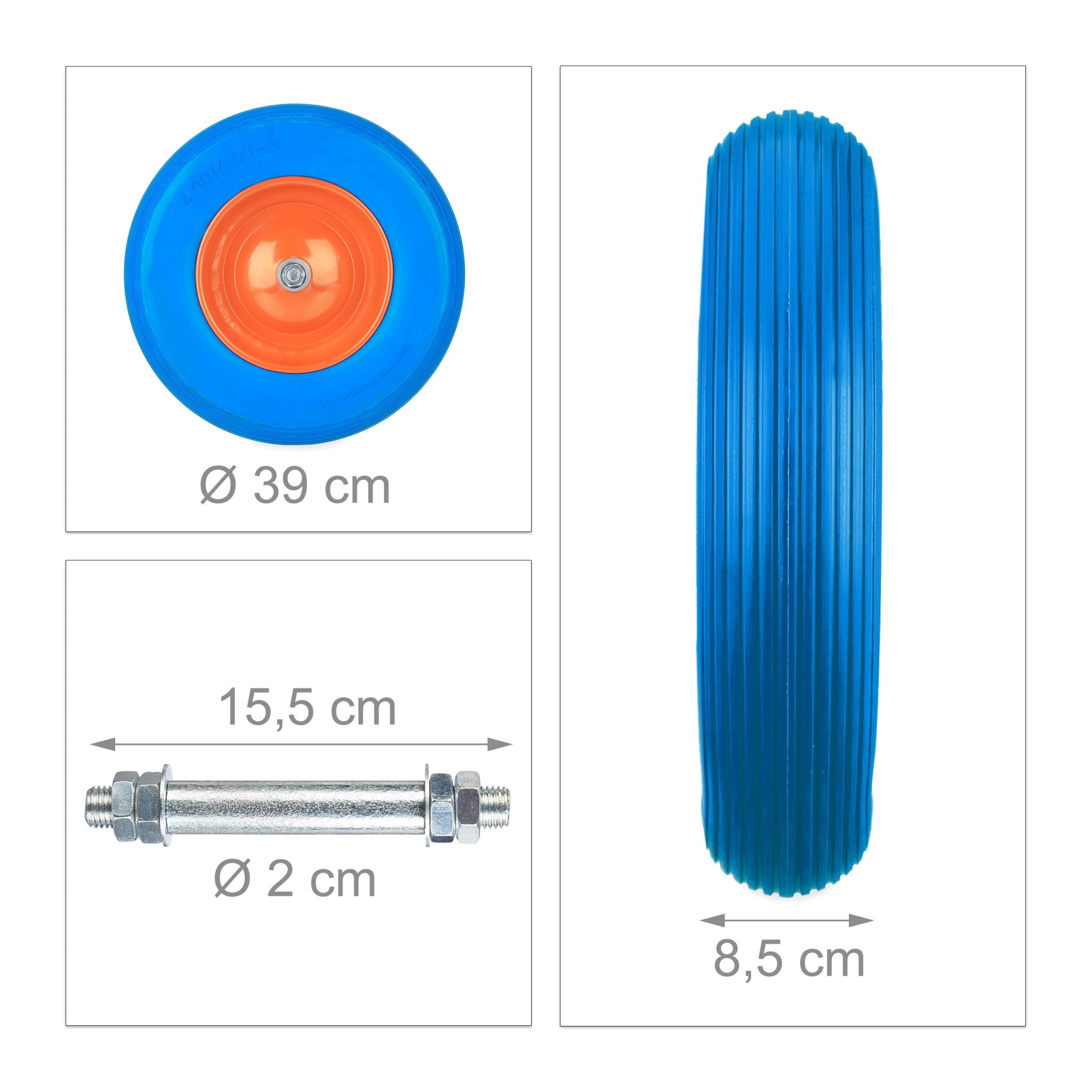 Schubkarrenrad mit Achse 4.80 4.00-8 Blau-Orange von Relaxdays