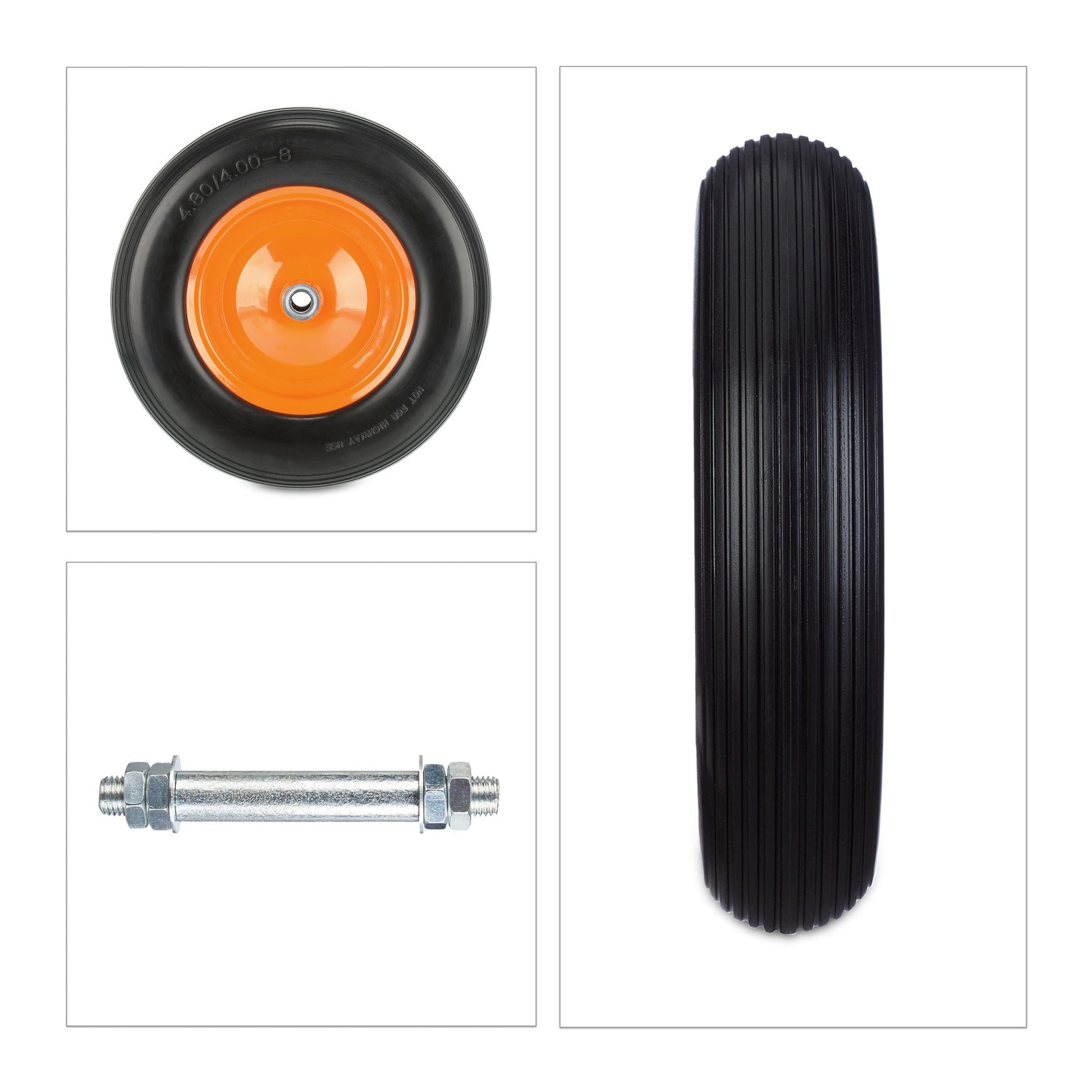 Schubkarrenrad mit Achse 4.80 4.00-8 Orange-Schwarz von Relaxdays