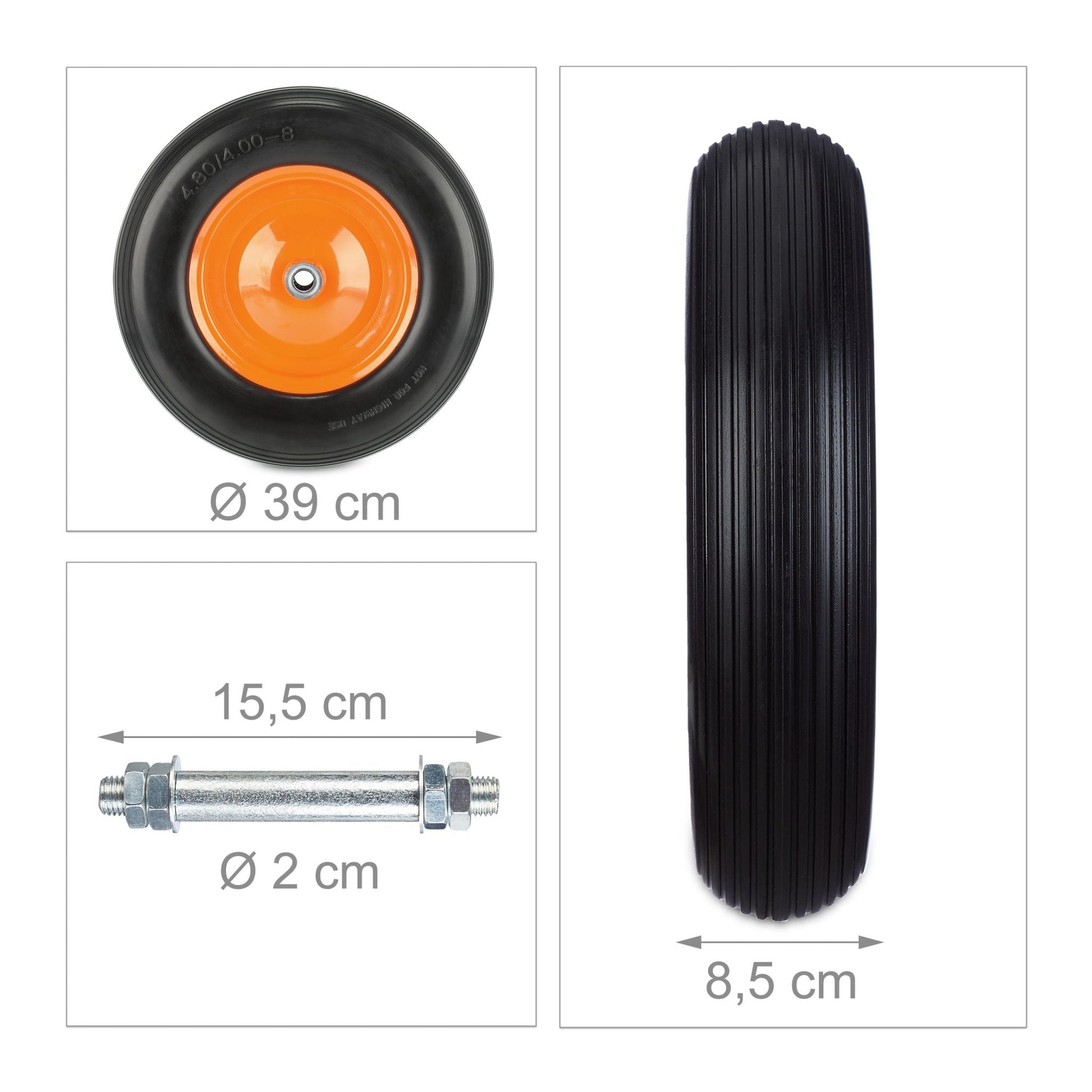 Schubkarrenrad mit Achse 4.80 4.00-8 Orange-Schwarz von Relaxdays