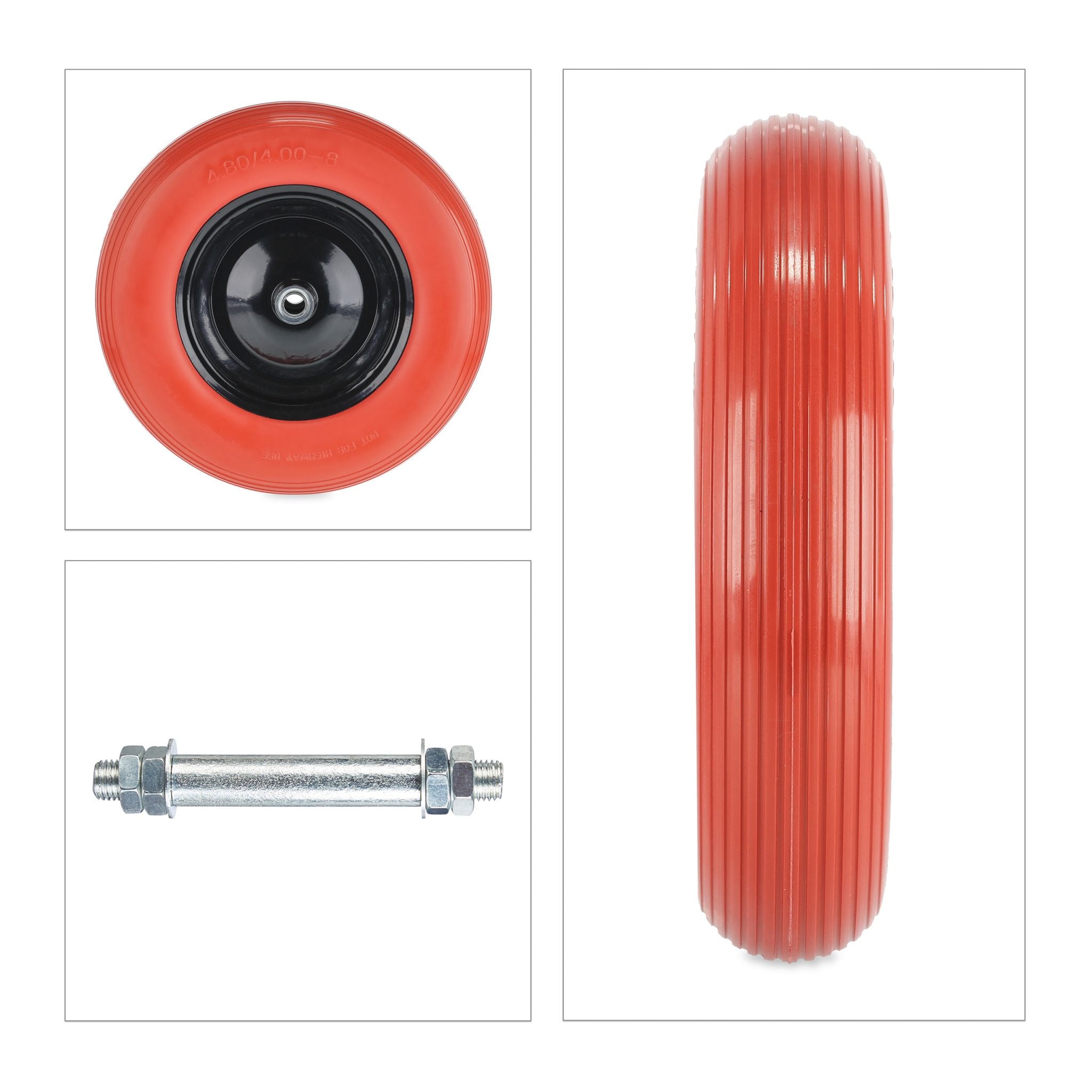 Schubkarrenrad 4.80 4.00-8 + Achse Rot-Schwarz von Relaxdays