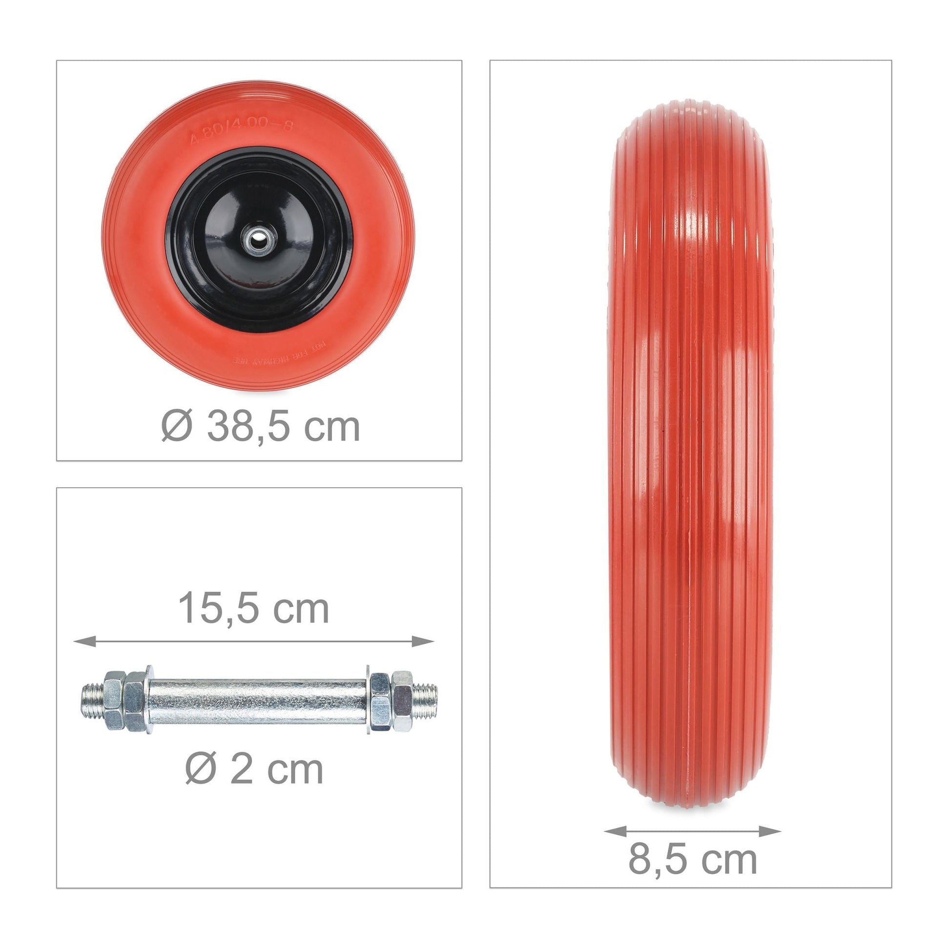 Schubkarrenrad 4.80 4.00-8 + Achse Rot-Schwarz von Relaxdays