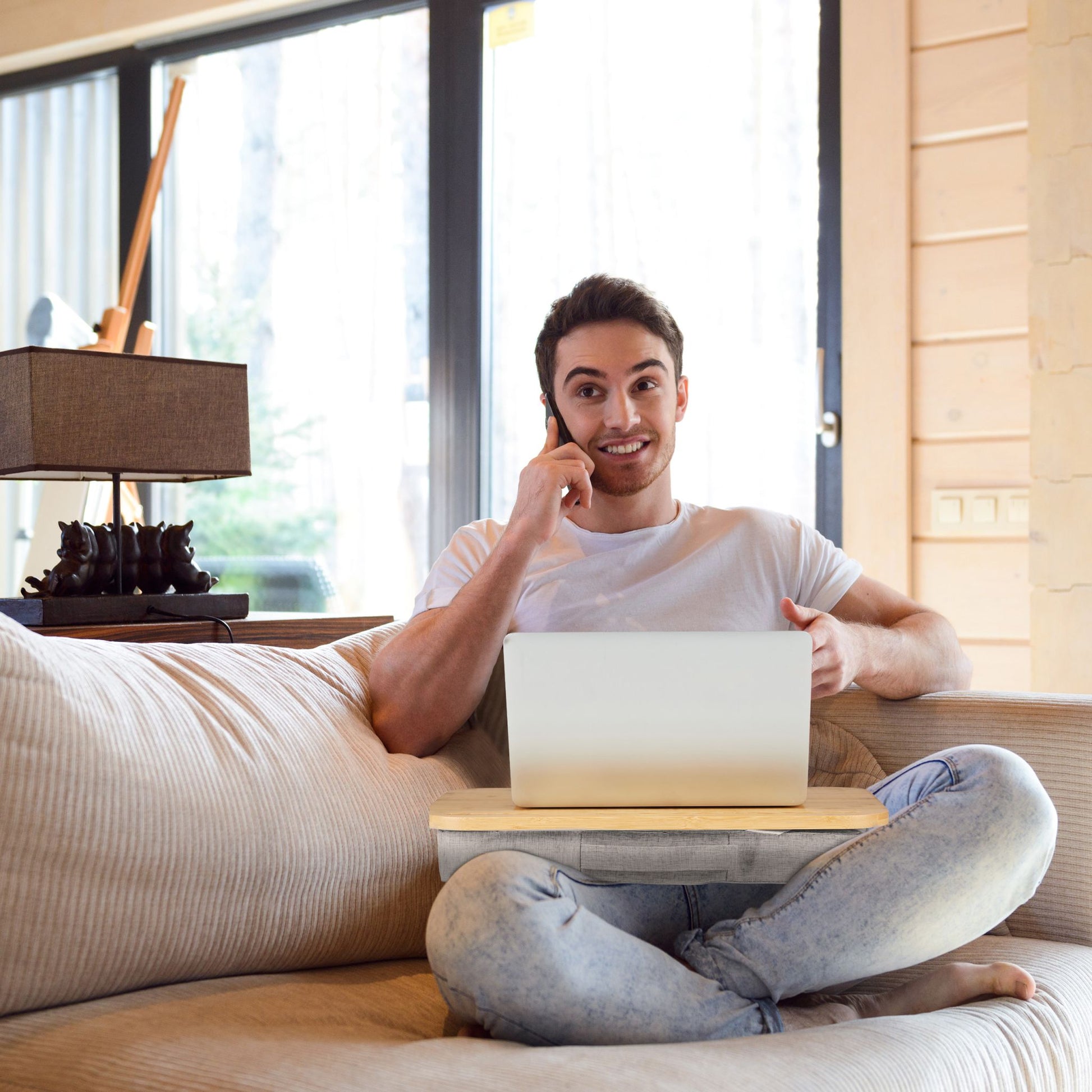 Laptopkissen mit Bambusablage Hellbraun-Grau von Relaxdays