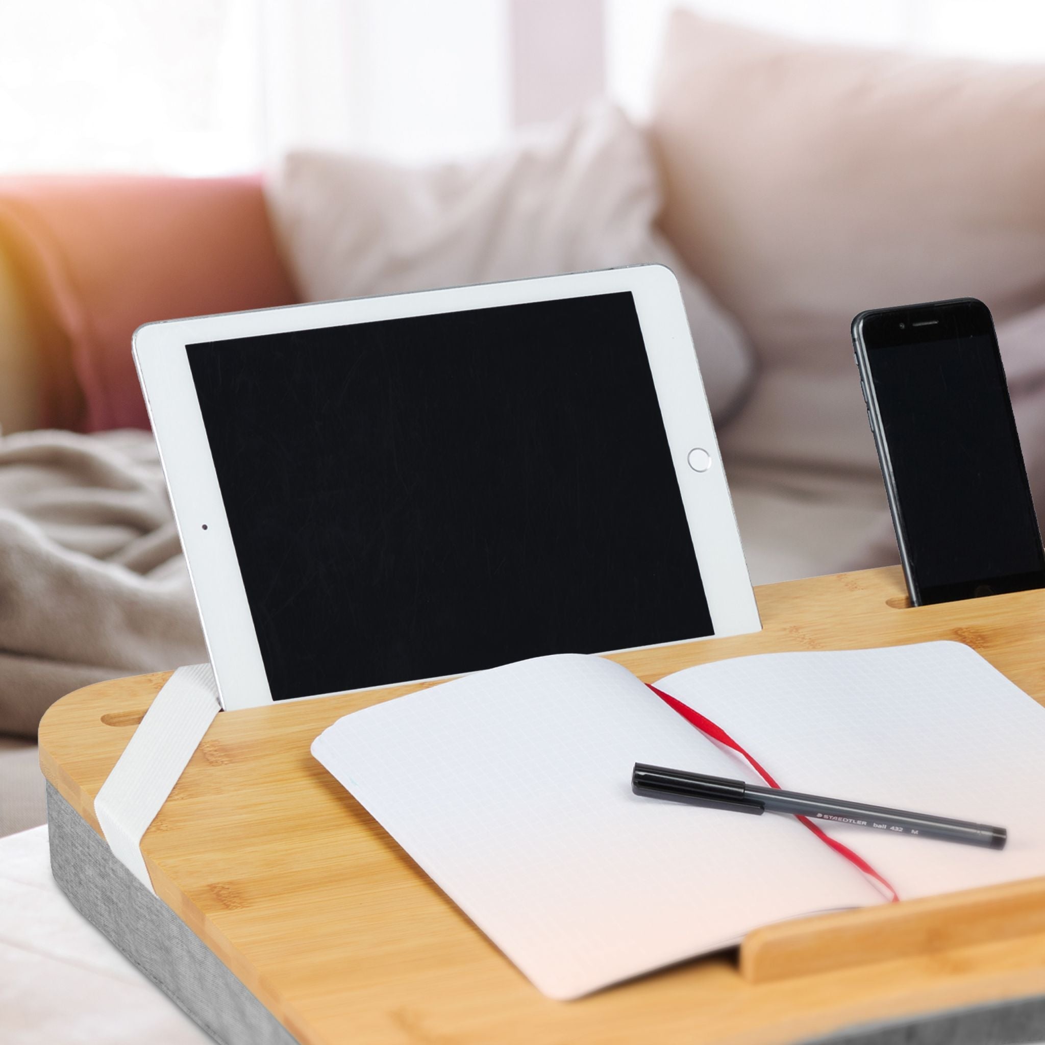 Laptopkissen mit Bambusablage Hellbraun-Grau von Relaxdays
