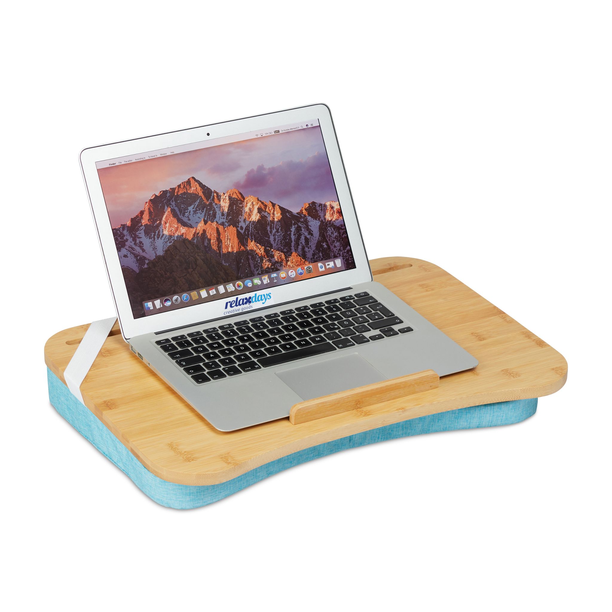 Laptopkissen mit Bambusablage Blau-Hellbraun von Relaxdays