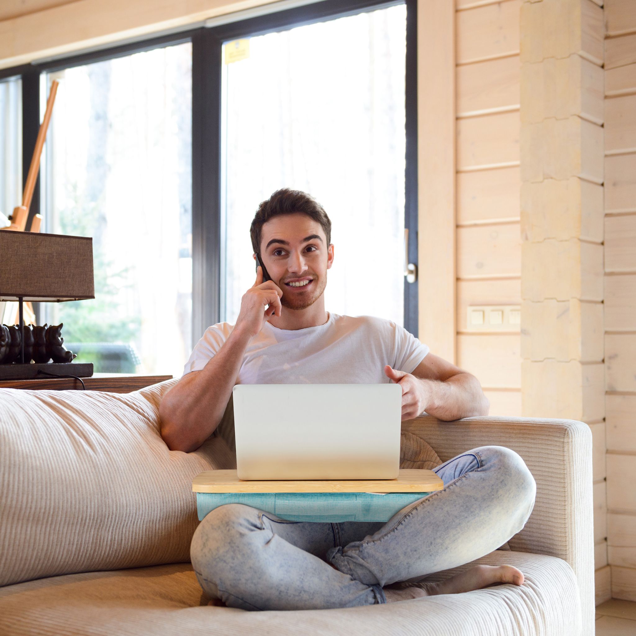 Laptopkissen mit Bambusablage Blau-Hellbraun von Relaxdays