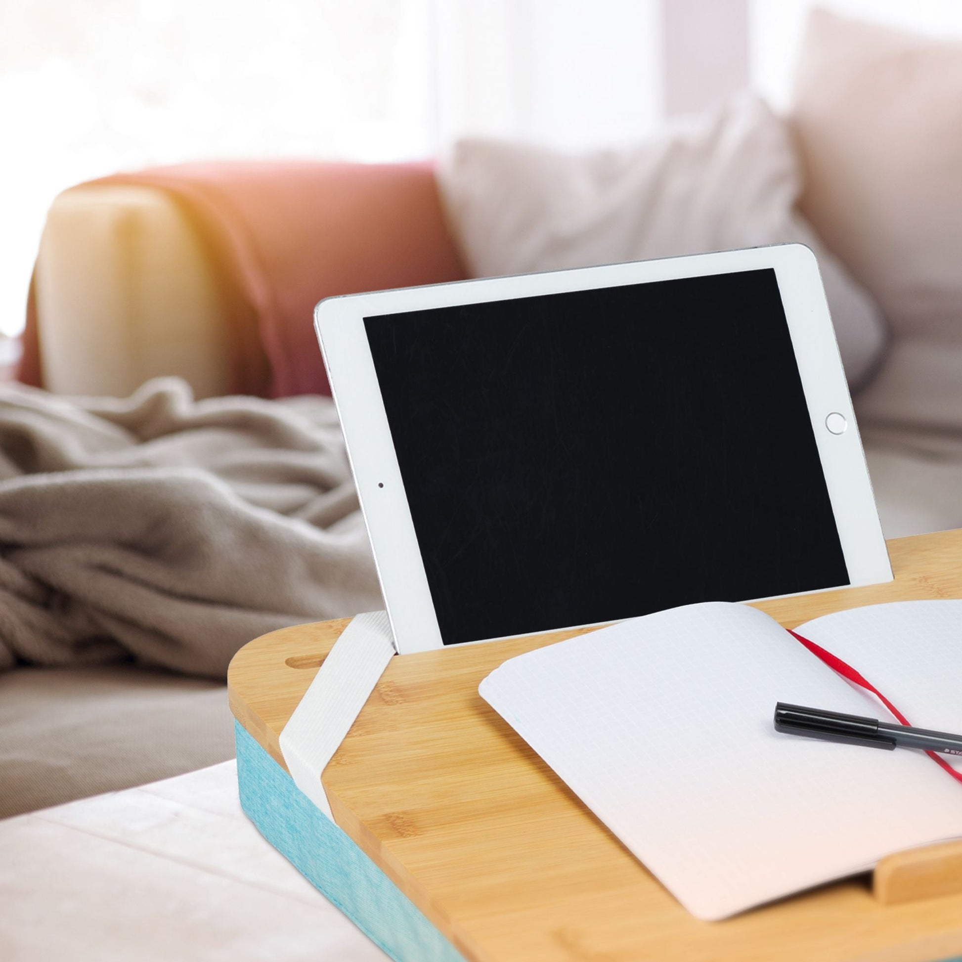Laptopkissen mit Bambusablage Blau-Hellbraun von Relaxdays