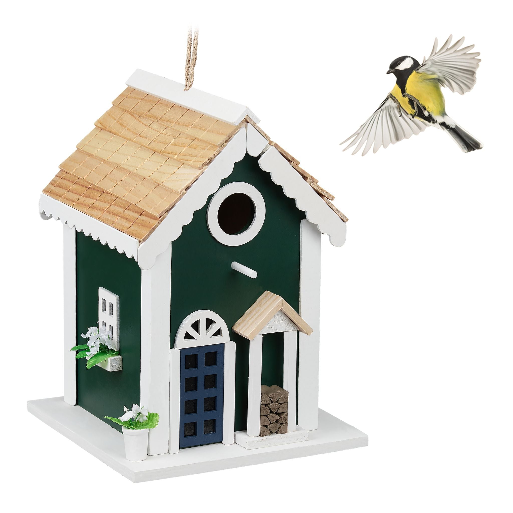 Vogelhaus Landhaus Weiss-Dunkelgrün-Hellbraun von Relaxdays