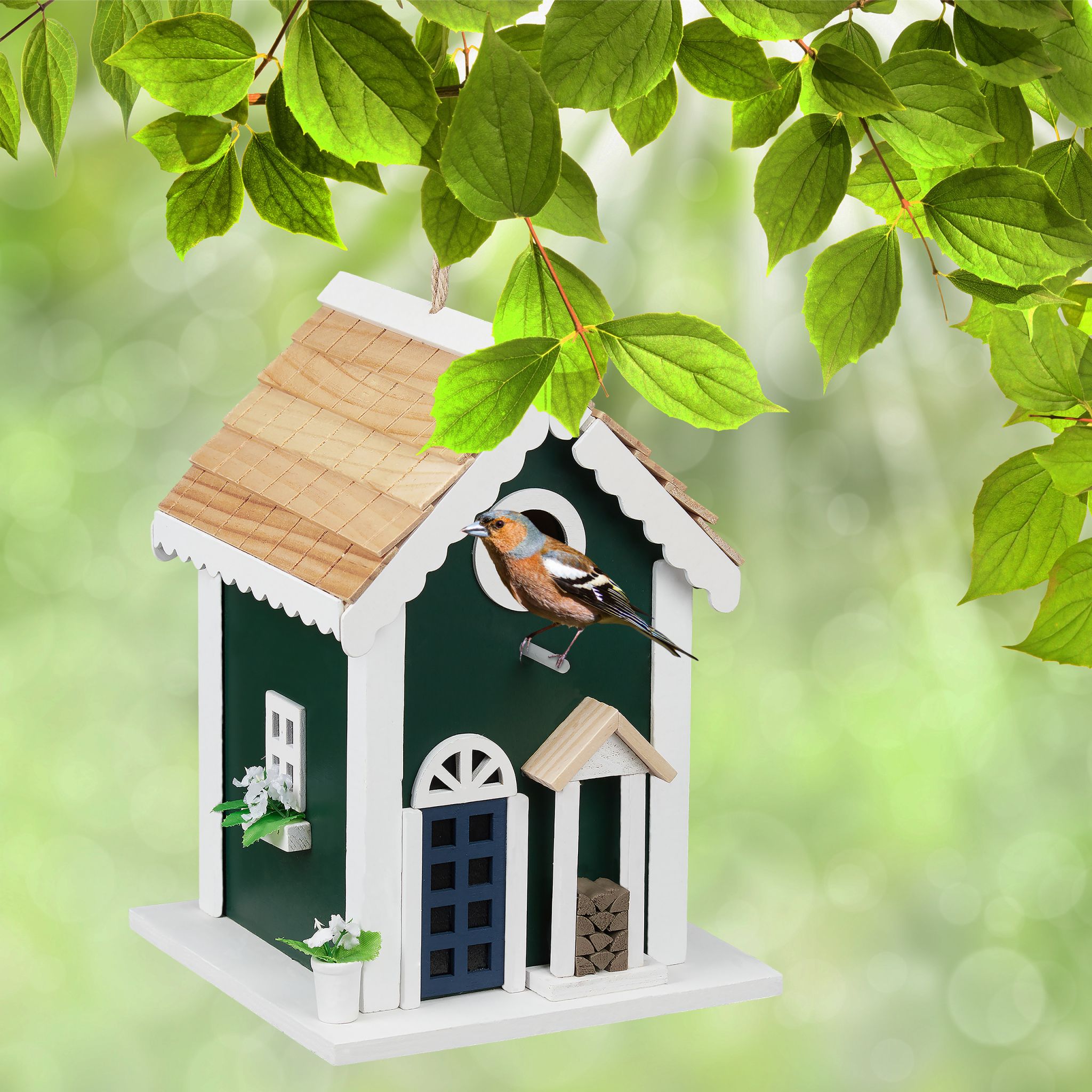 Vogelhaus Landhaus Weiss-Dunkelgrün-Hellbraun von Relaxdays