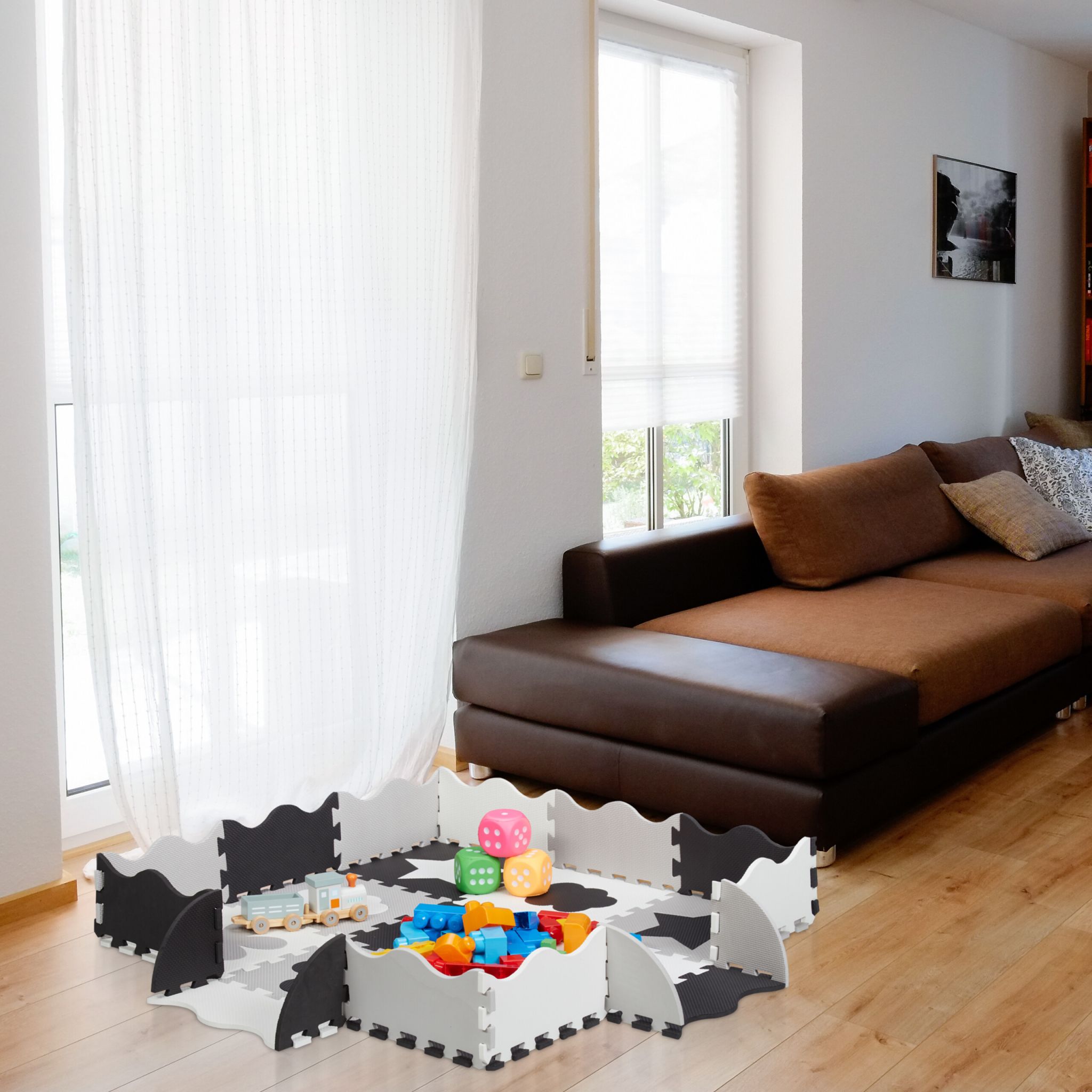 Puzzlematte mit Rand 34-tlg. Weiss-Schwarz-Grau von Relaxdays