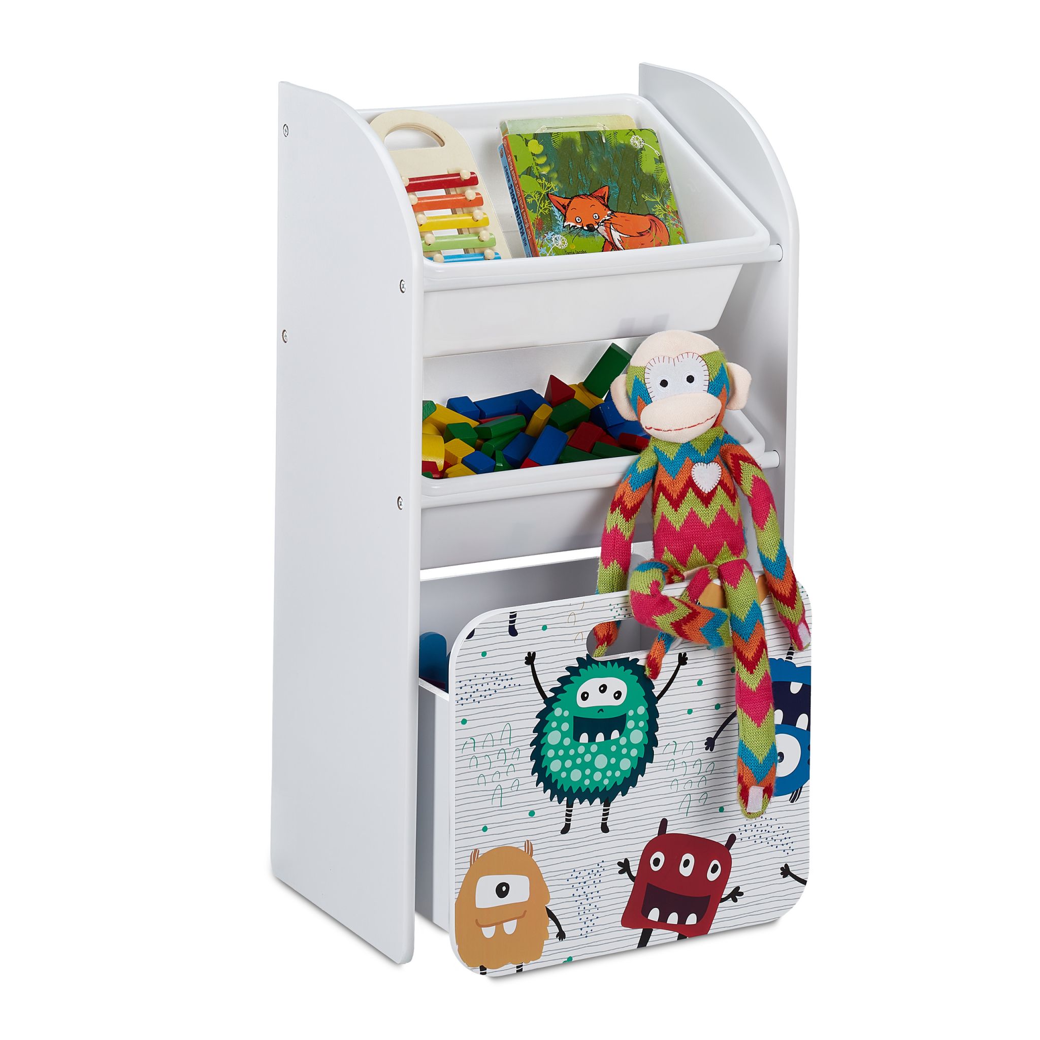 Schmales Kinderregal mit Monstern Weiss-Gelb-Rot von Relaxdays
