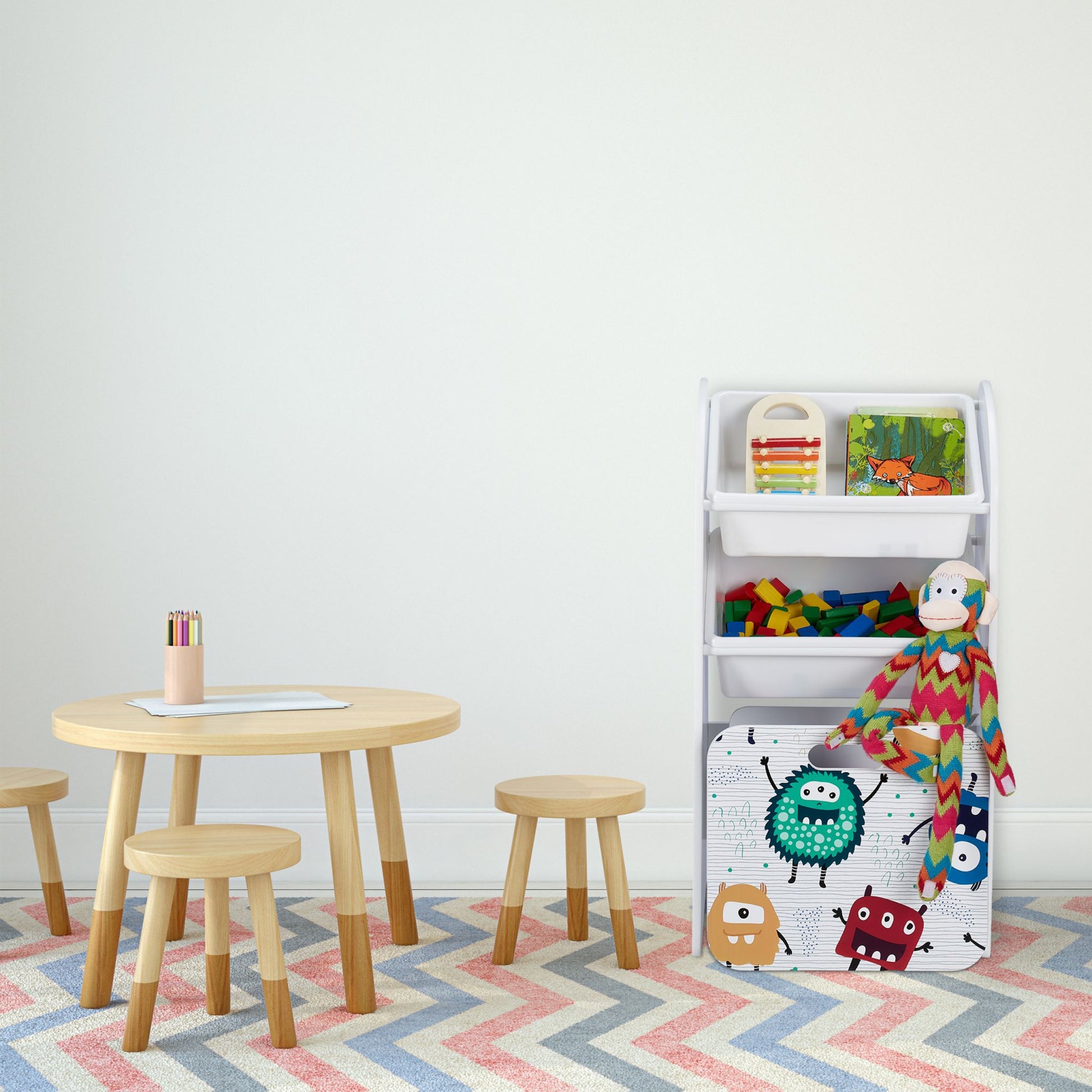 Schmales Kinderregal mit Monstern Weiss-Gelb-Rot von Relaxdays