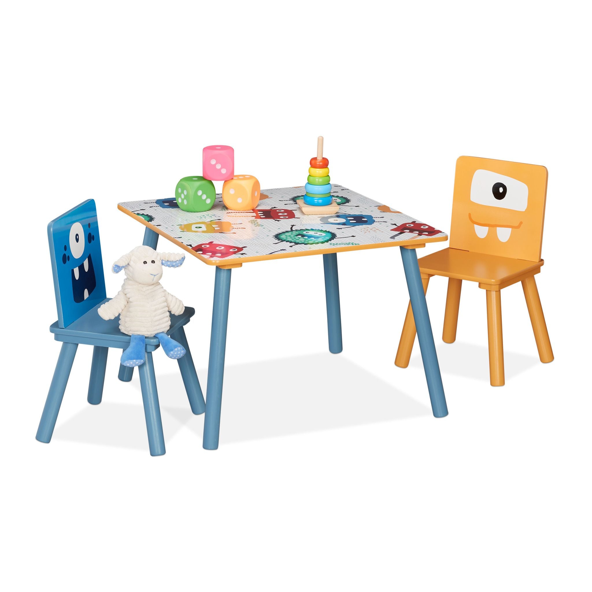 Kindersitzgruppe Monster-Motiv 3tlg. Weiss-Blau-Gelb von Relaxdays