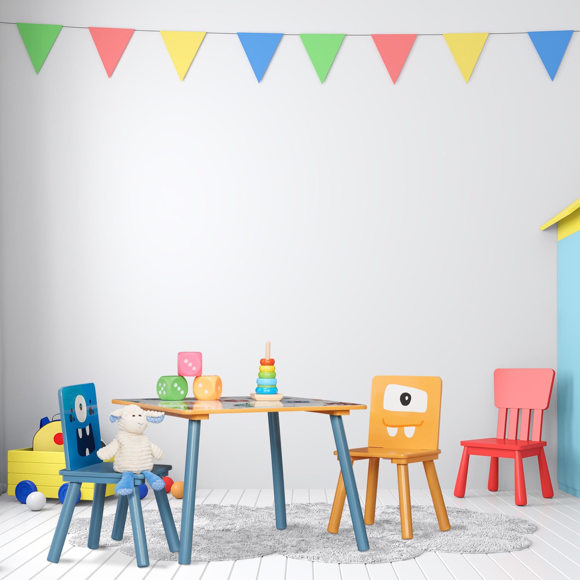 Kindersitzgruppe Monster-Motiv 3tlg. Weiss-Blau-Gelb von Relaxdays