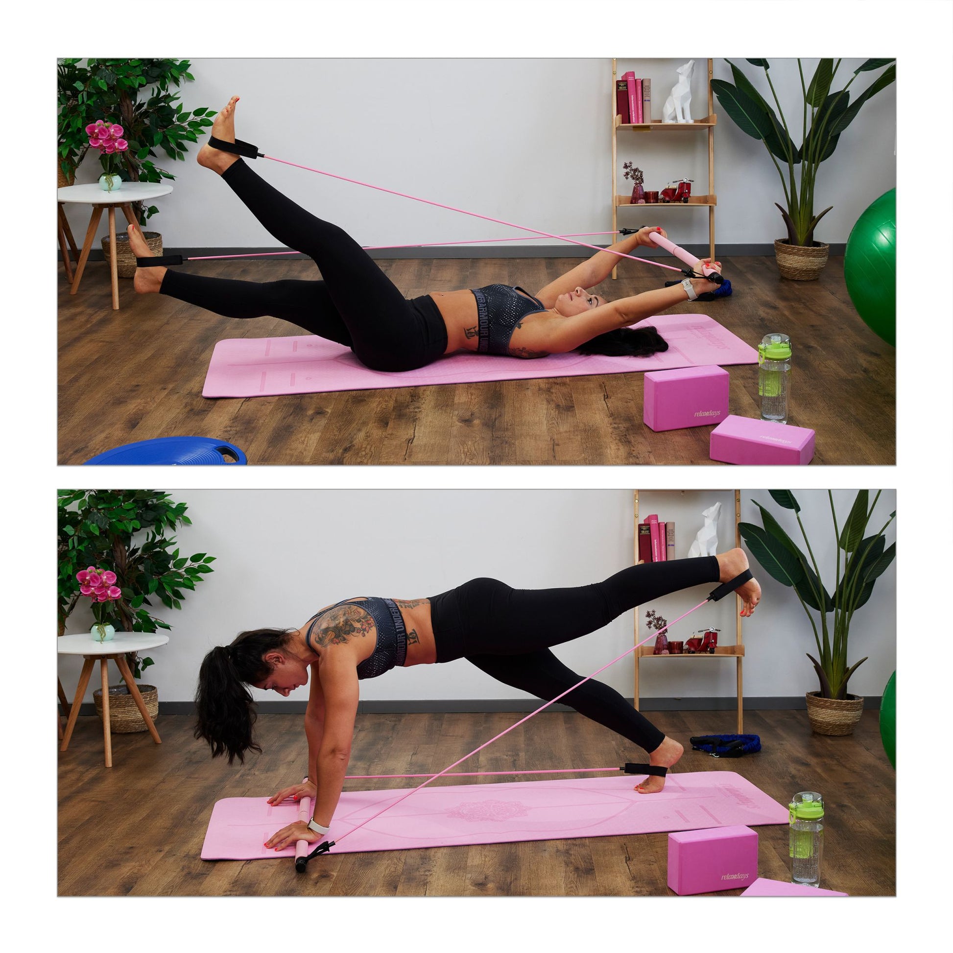 Pilatesstab mit Widerstandsbändern Pink-Schwarz von Relaxdays