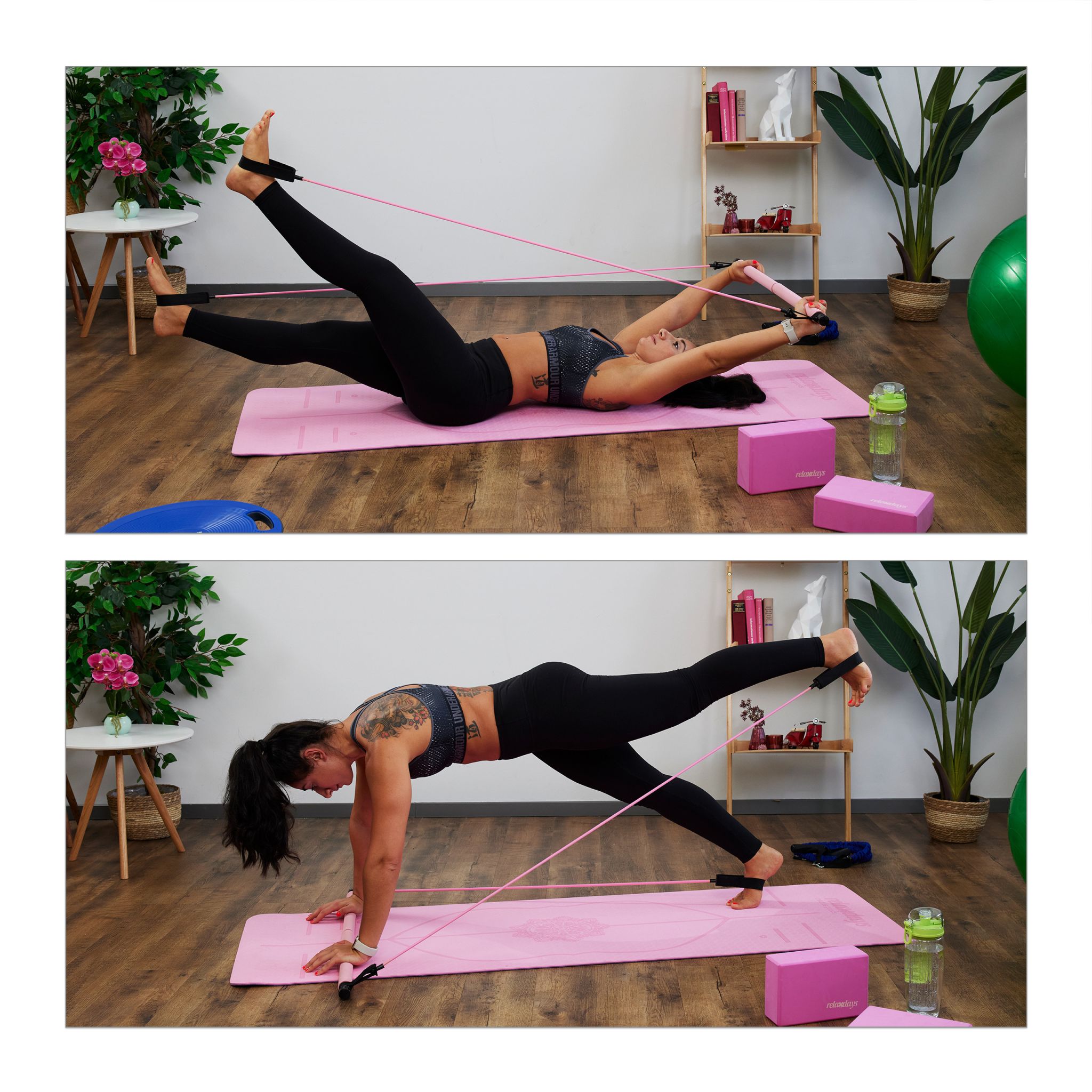 Pilatesstab mit Widerstandsbändern Pink-Schwarz von Relaxdays