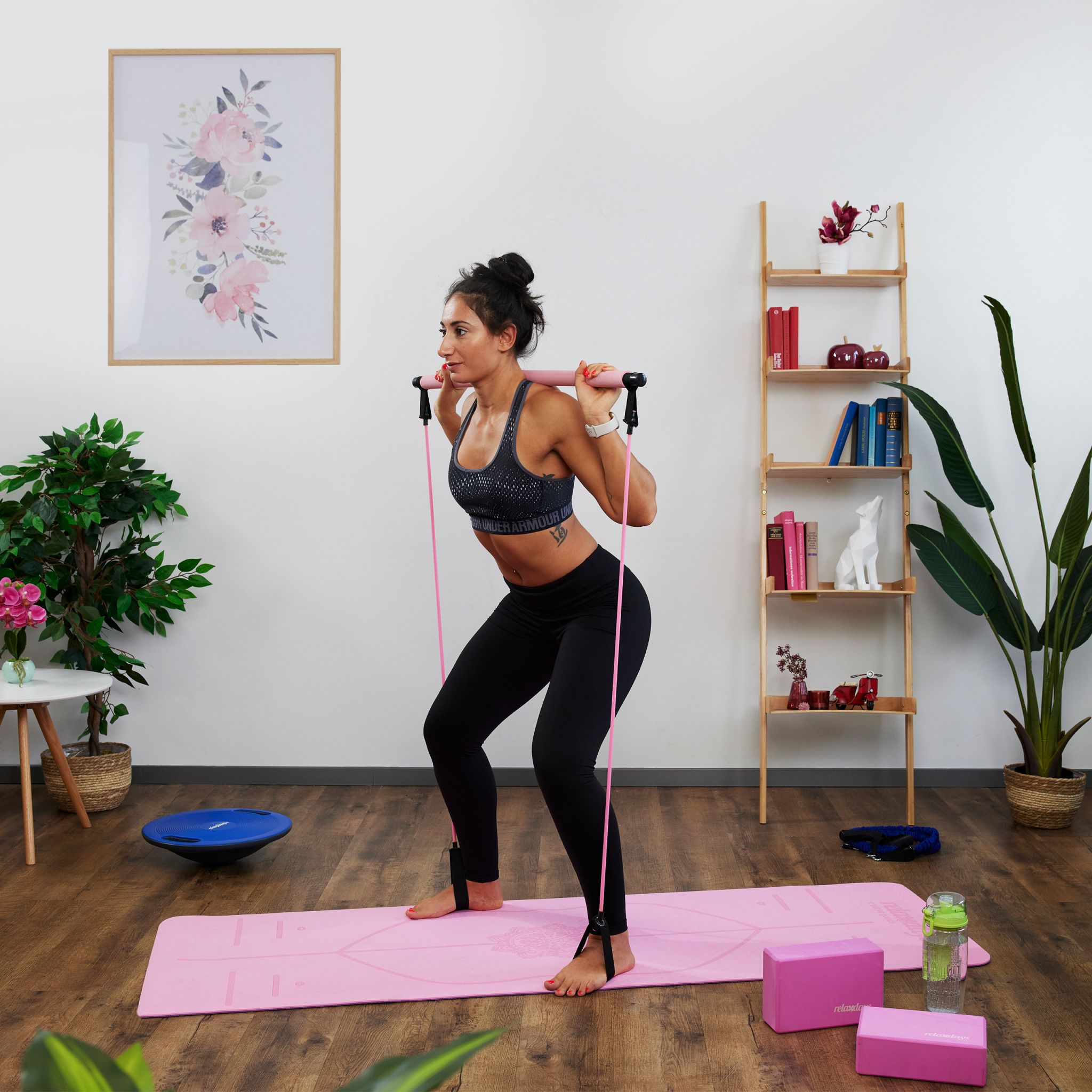 Pilatesstab mit Widerstandsbändern Pink-Schwarz von Relaxdays