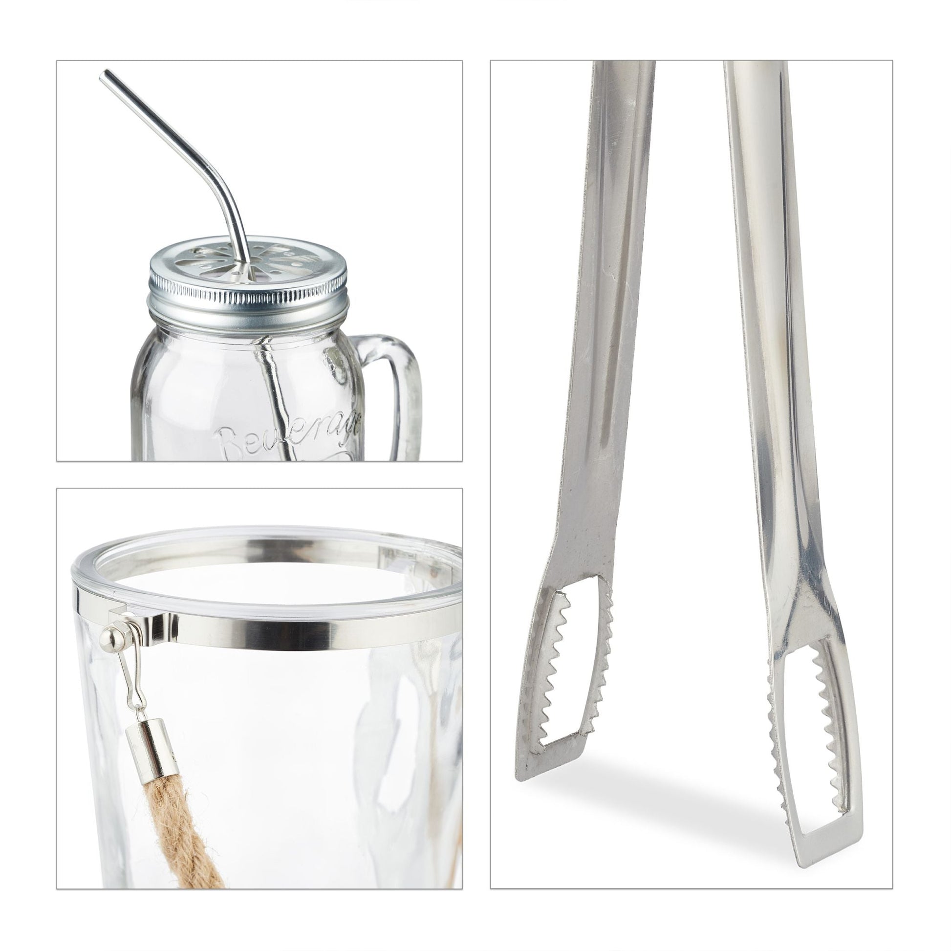 Trinkgläser mit Deckel und Zubehör 4er-Set Silber-Transparent von Relaxdays