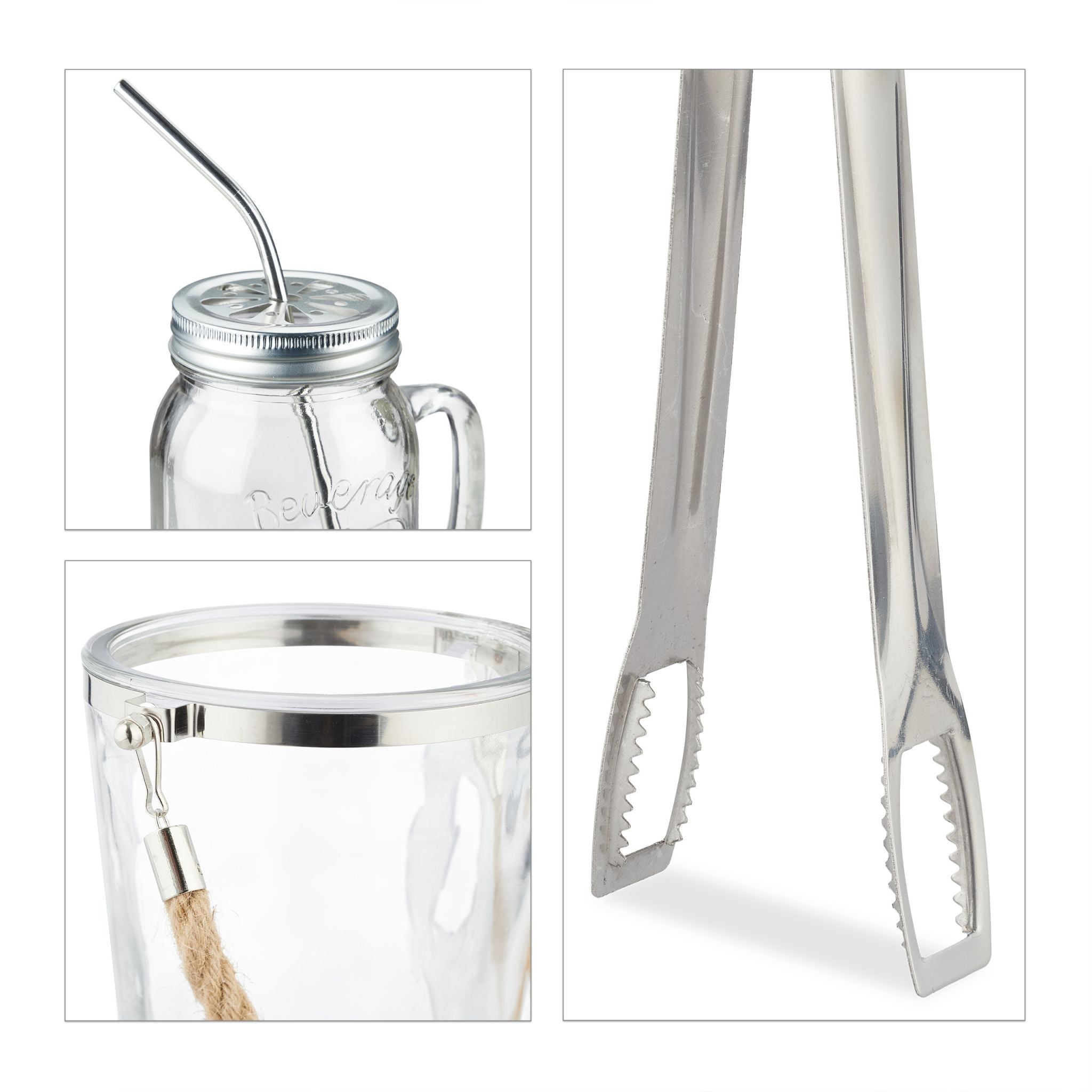 Trinkgläser mit Deckel und Zubehör 4er-Set Silber-Transparent von Relaxdays
