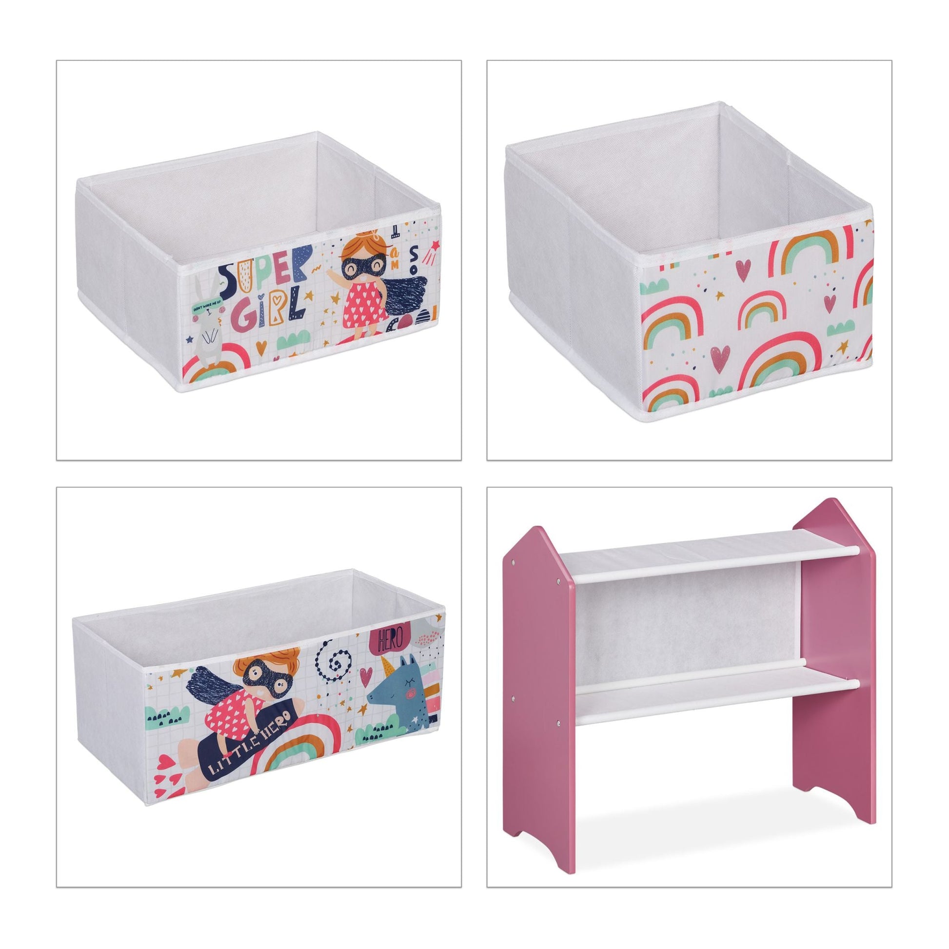 Kinderregal mit 6 Aufbewahrungsboxen Weiss-Grün-Rosa von Relaxdays